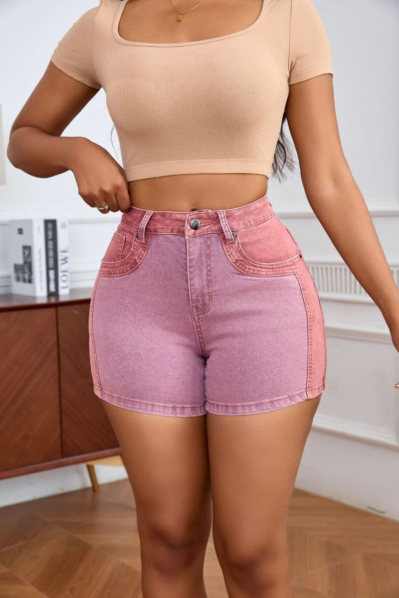 Splicing mid-waist stretch denim shorts women