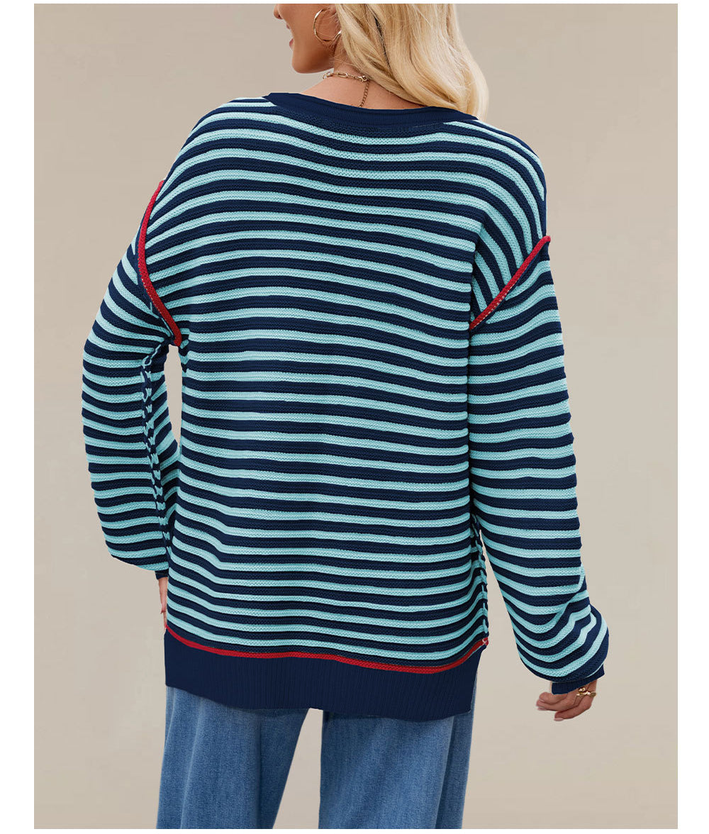 Striped Knit Pullover Sweater | Loose Fit Crewneck Top