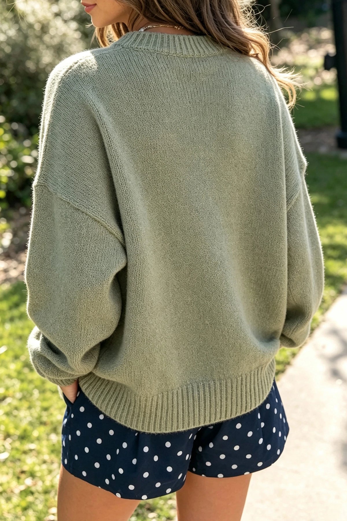 Laurel Green Flying Mallard Pattern Round Neck Drop Shoulder Knit Sweater