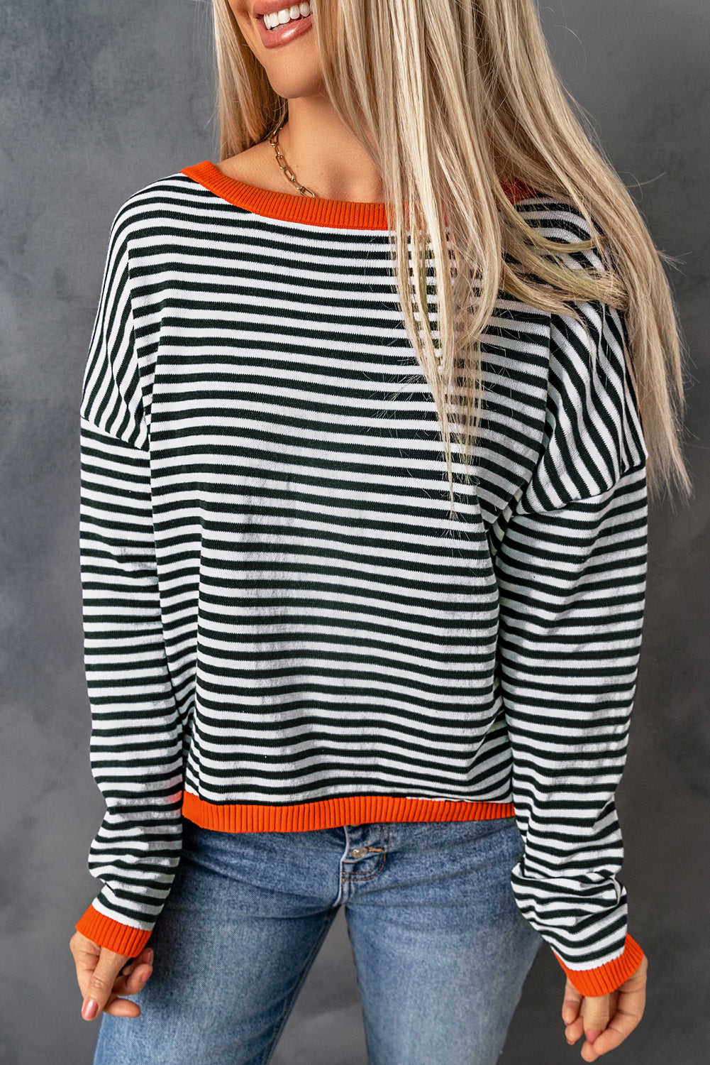 Contrast Trimmed Striped Drop Shoulder Sweater