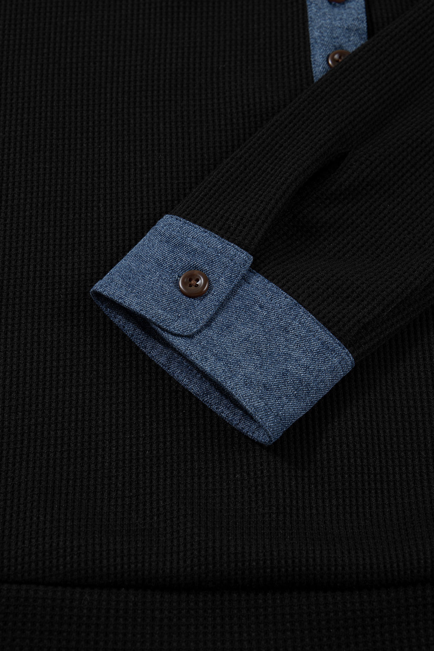 Black Textured Knit Denim Patchwork Button Polo Collar Long Sleeve Top