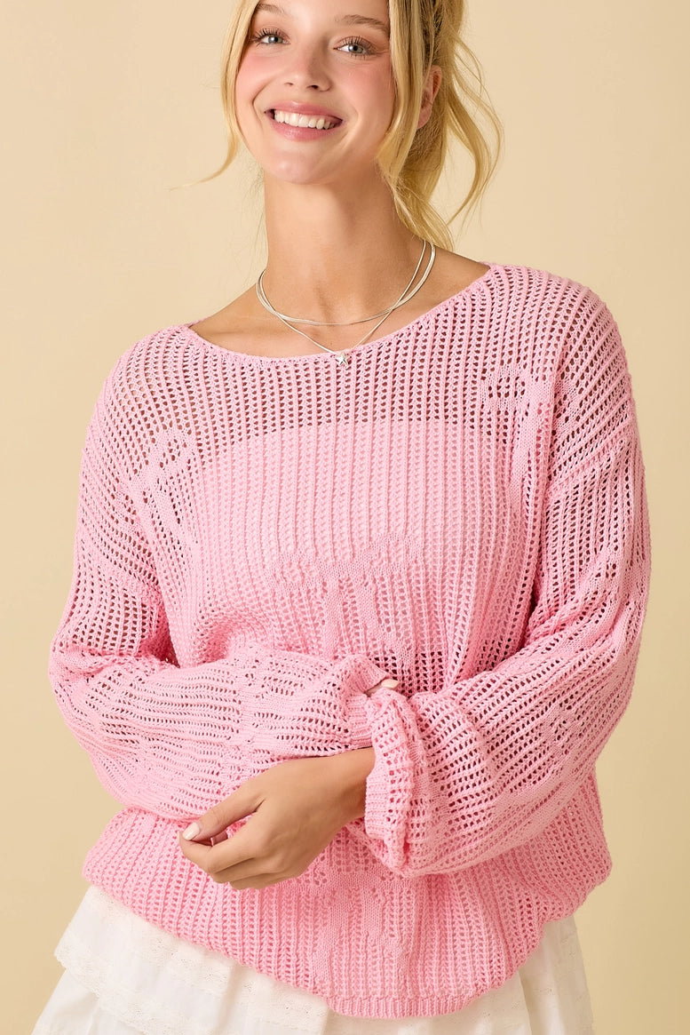 Boat Neck Crochet Knit Sweater Top with Bow Detail