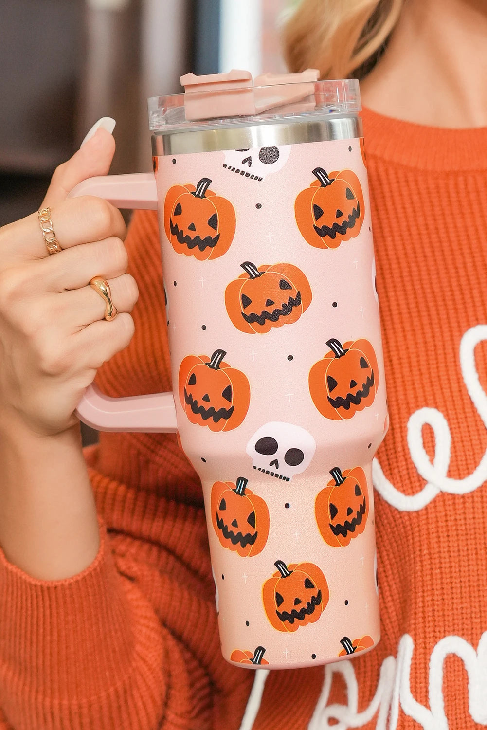 Orange Halloween Pumpkin Skull Print Handle Straw Tumbler 40oz