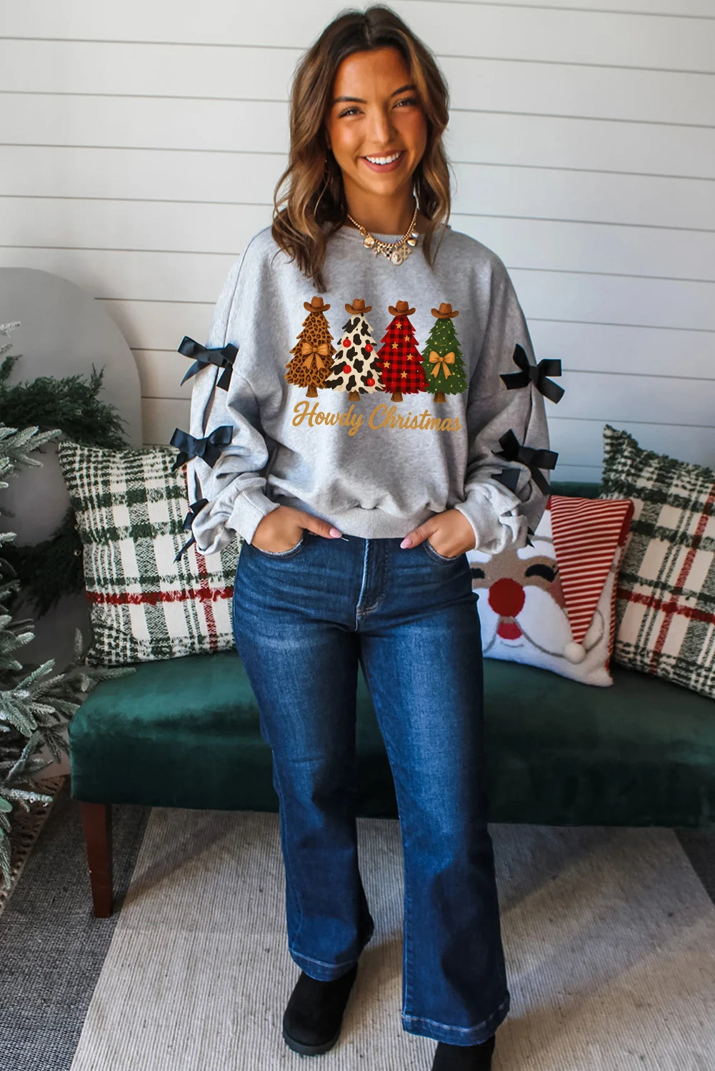 Light Grey Howdy Christmas 4 Trees Printed Ribbon Bow Decor Sweatshirt