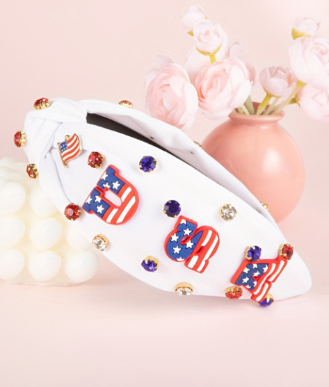 Dark Blue USA Flag Gemstone Decor Knotted Wide Headband