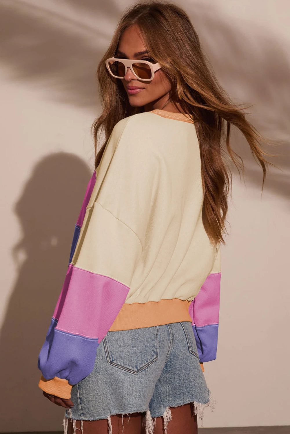 Phalaenopsis Color Block Patchwork Drop Shoulder Cropped Sweatshirt