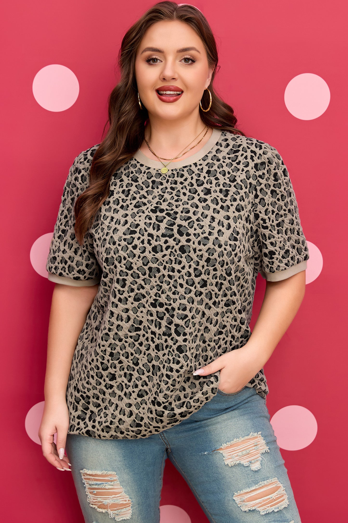 Khaki Leopard Print Textured Plus Size T Shirt