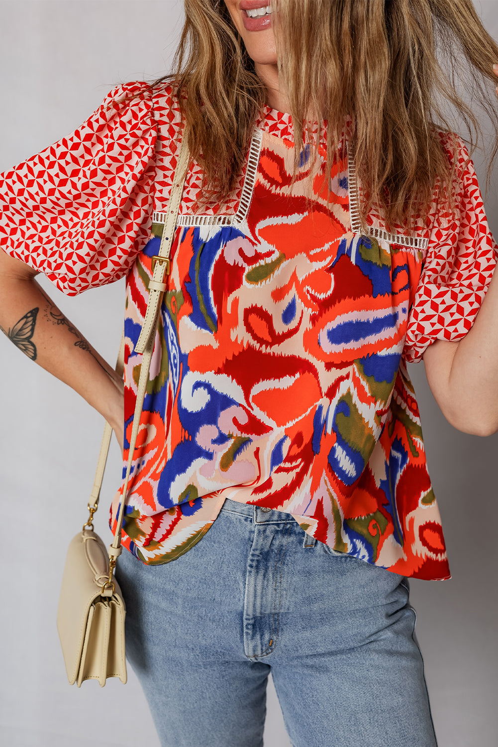 Patchwork Abstract Blouse Boho Puff Sleeve Top