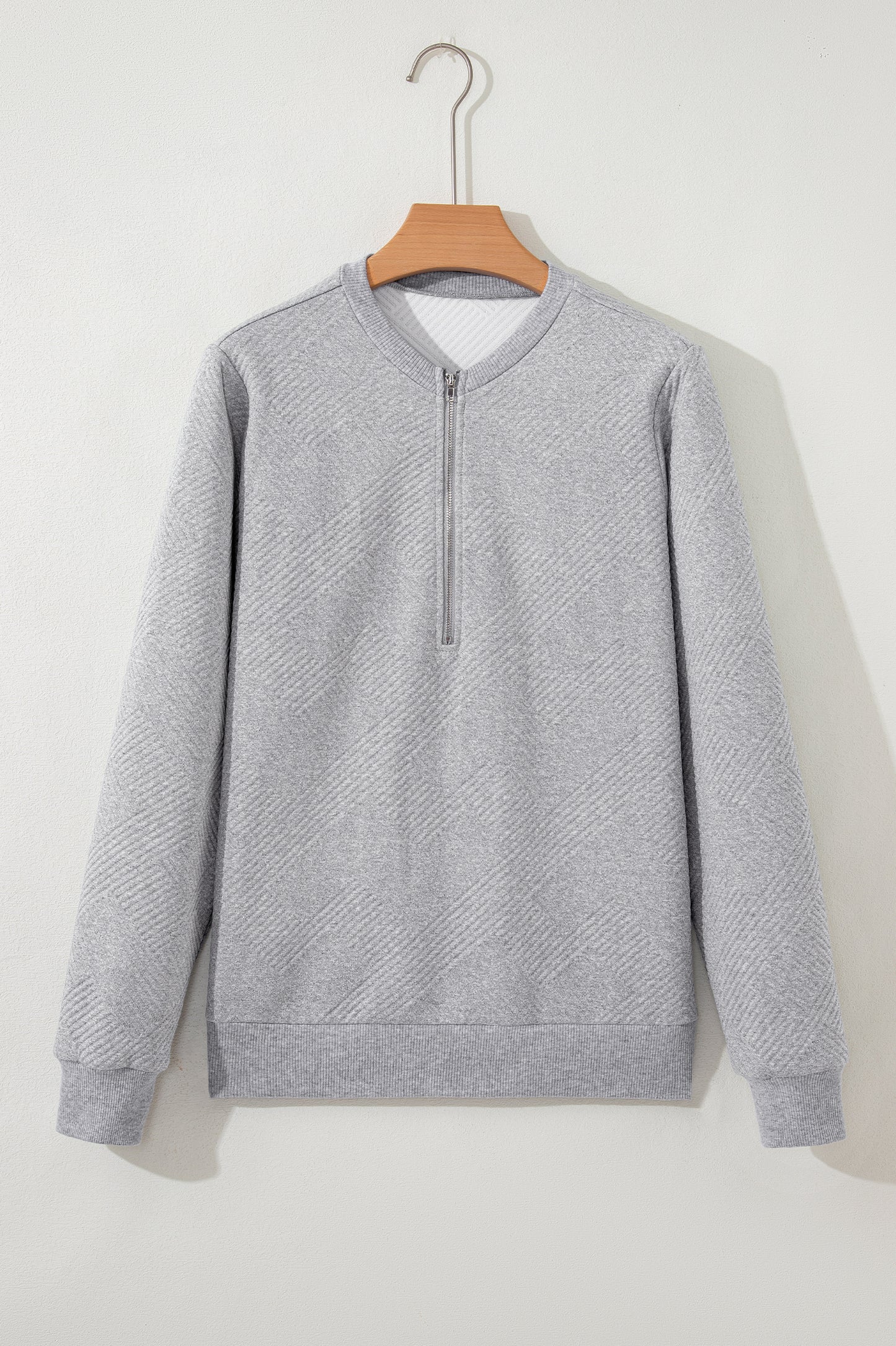 Medium Grey Trendy Textured Half Zip Loose Sweatshirt