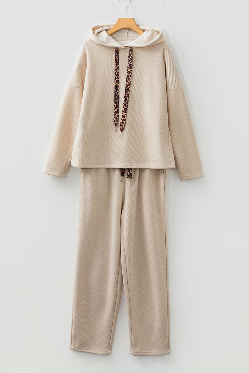 Casual Lace Drawstring Pullover Hoodie and High Waist Pants Corduroy Suit
