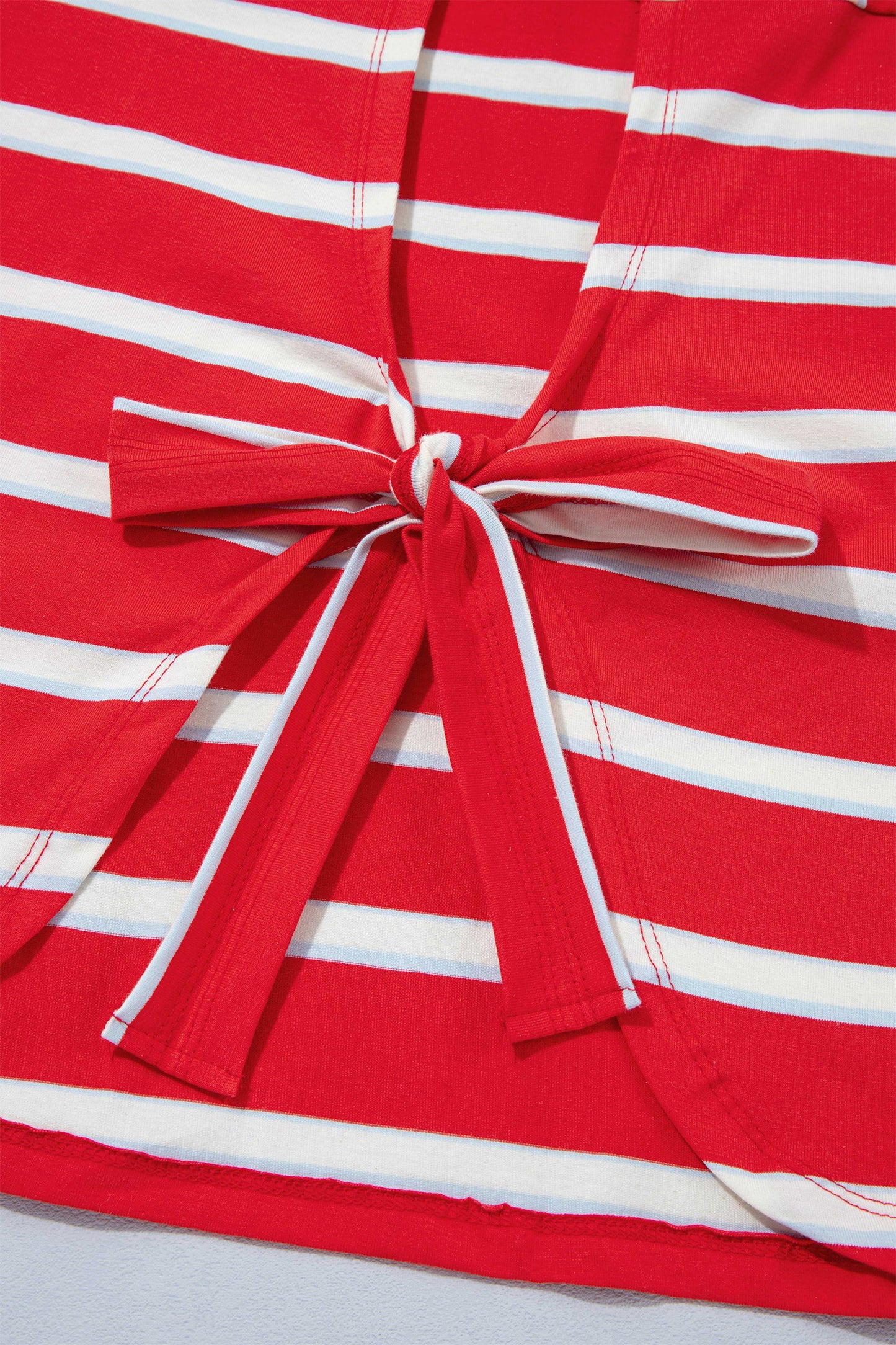 Racing Red Striped Bow Tie Hollowed Back 7/8 Sleeve Casual T-Shirt