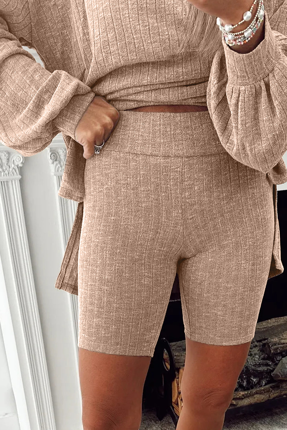 Dark Khaki Ribbed Balloon Sleeve Pullover Top and Biker Knitted Short Set
