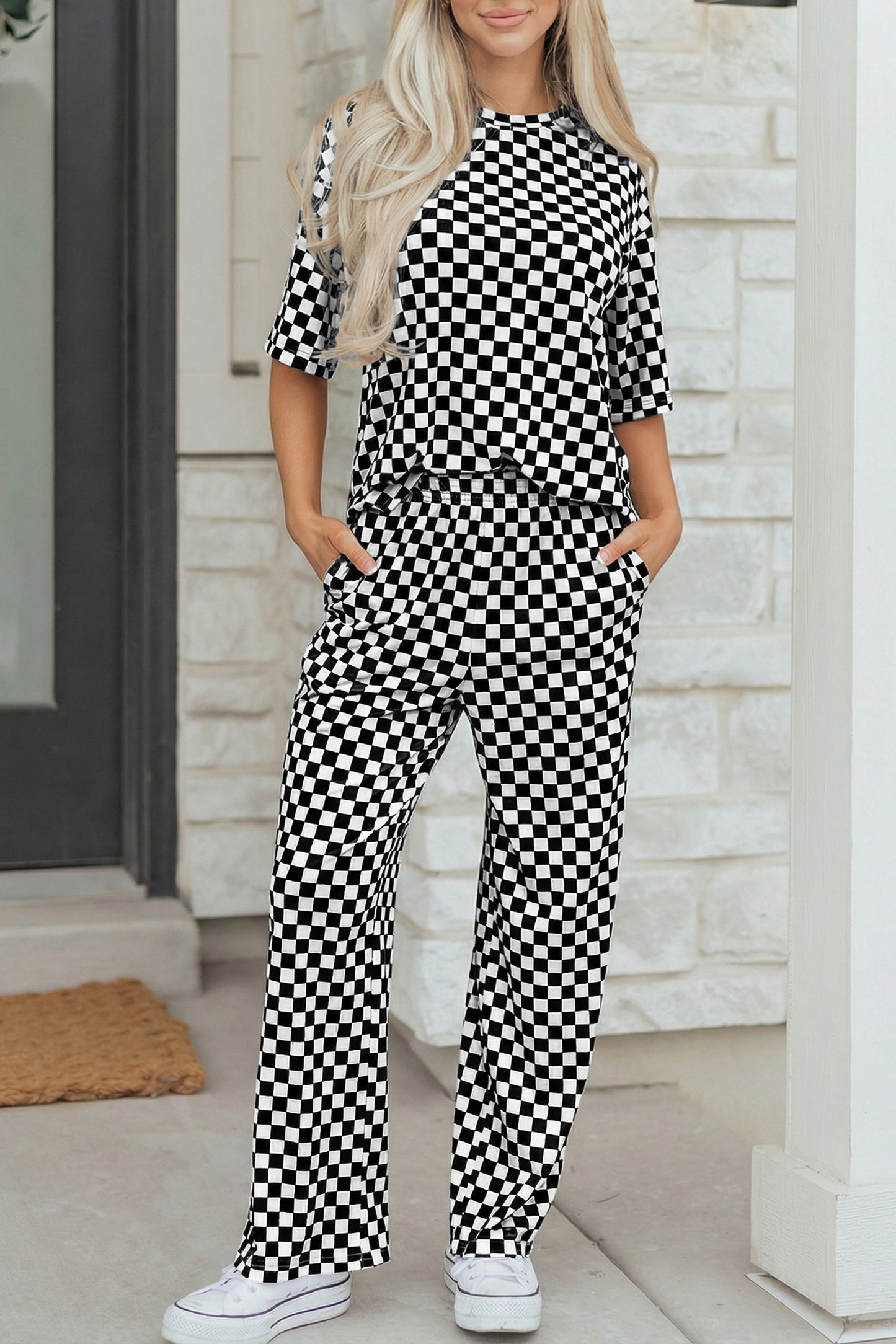 Khaki Checkered Print Half Sleeve Tee 2pcs Lounge Pant Set