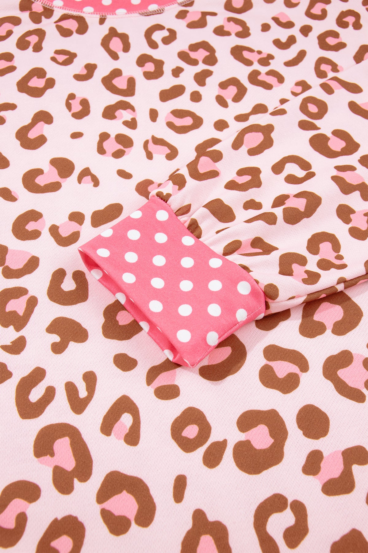 Pink Leopard Polka Dot Colorblock Trim Long Sleeve Top