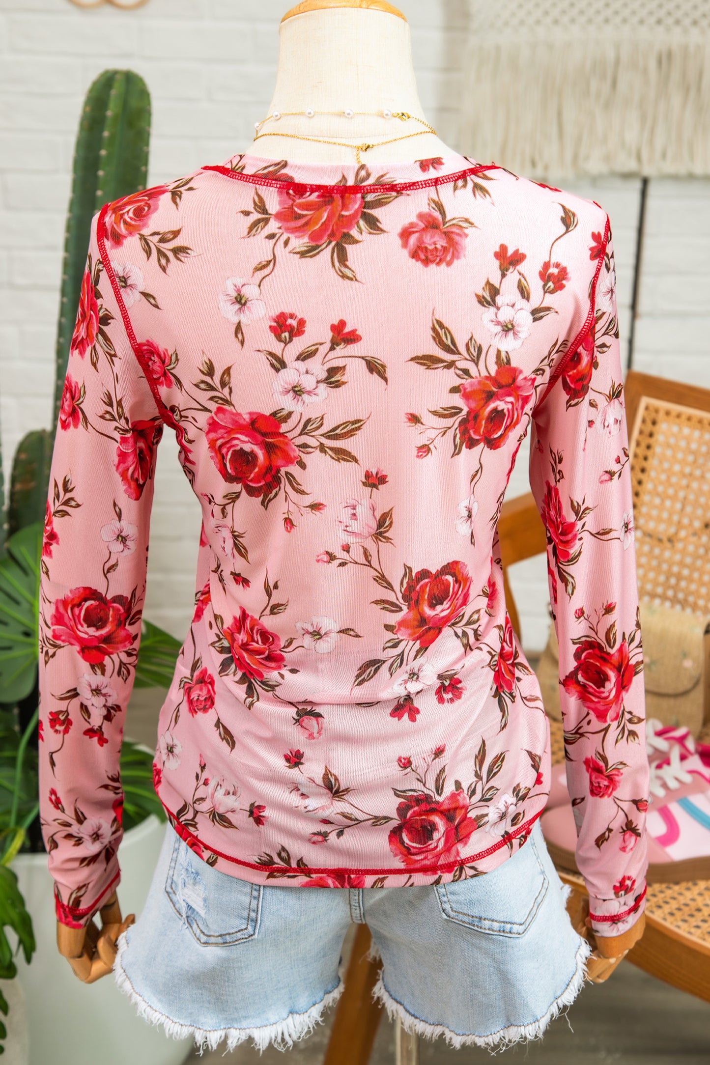 Pink Floral Print Exposed Seam Detail Mesh Long Sleeve Top