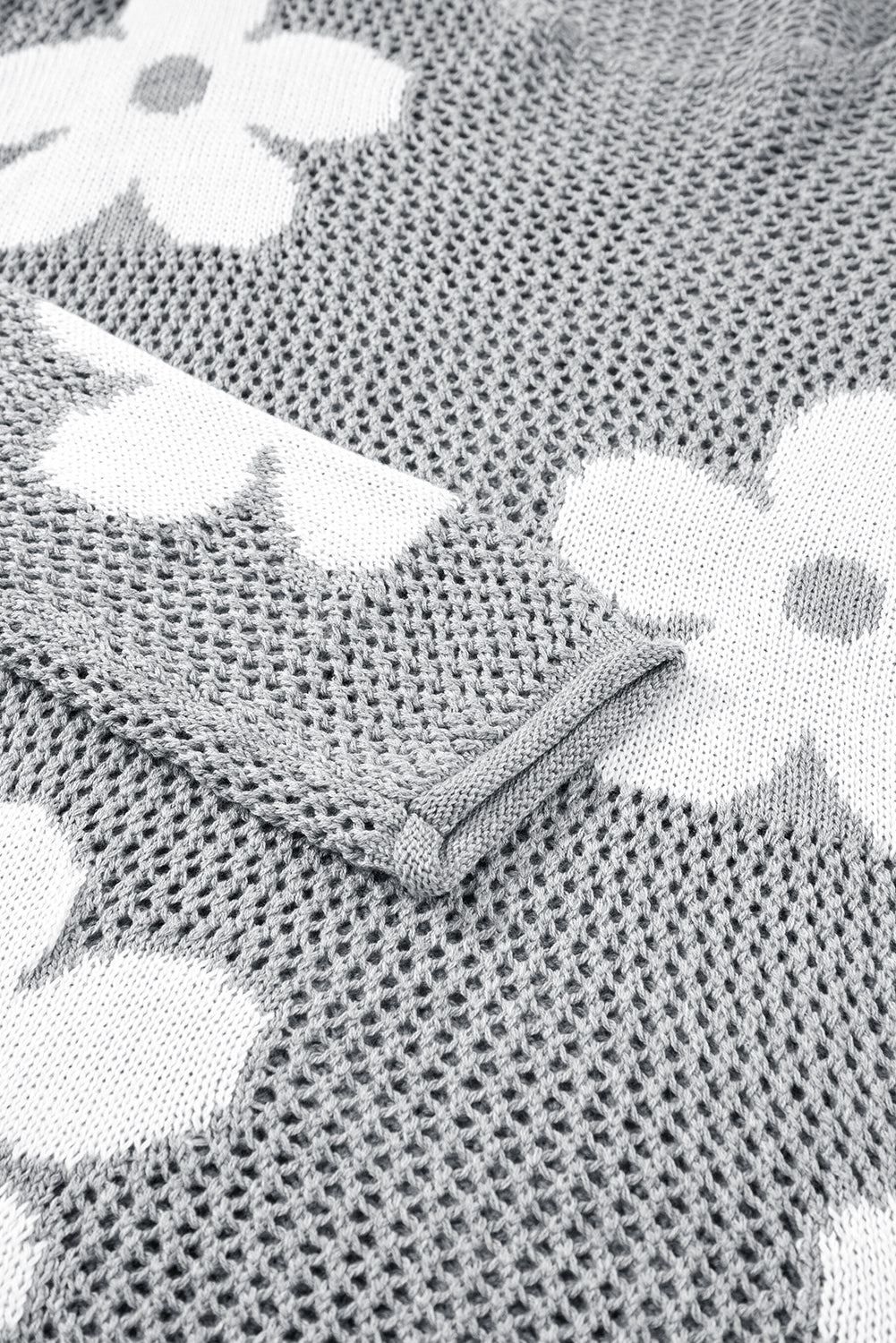 Light Pink Big Flower Hollowed Knit Drop Shoulder Sweater