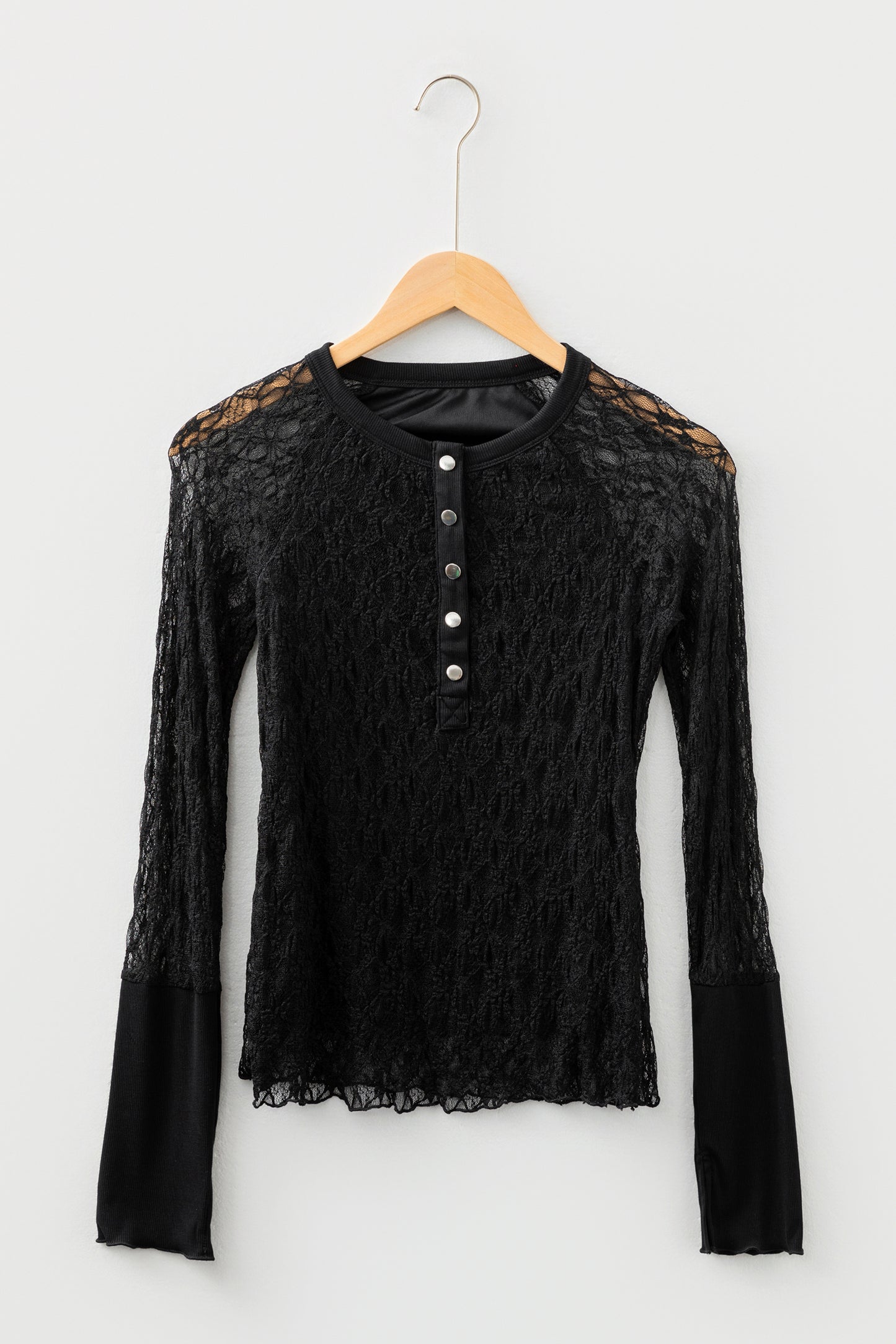 Black Sheer Lace Long Sleeve Slim Henley Top