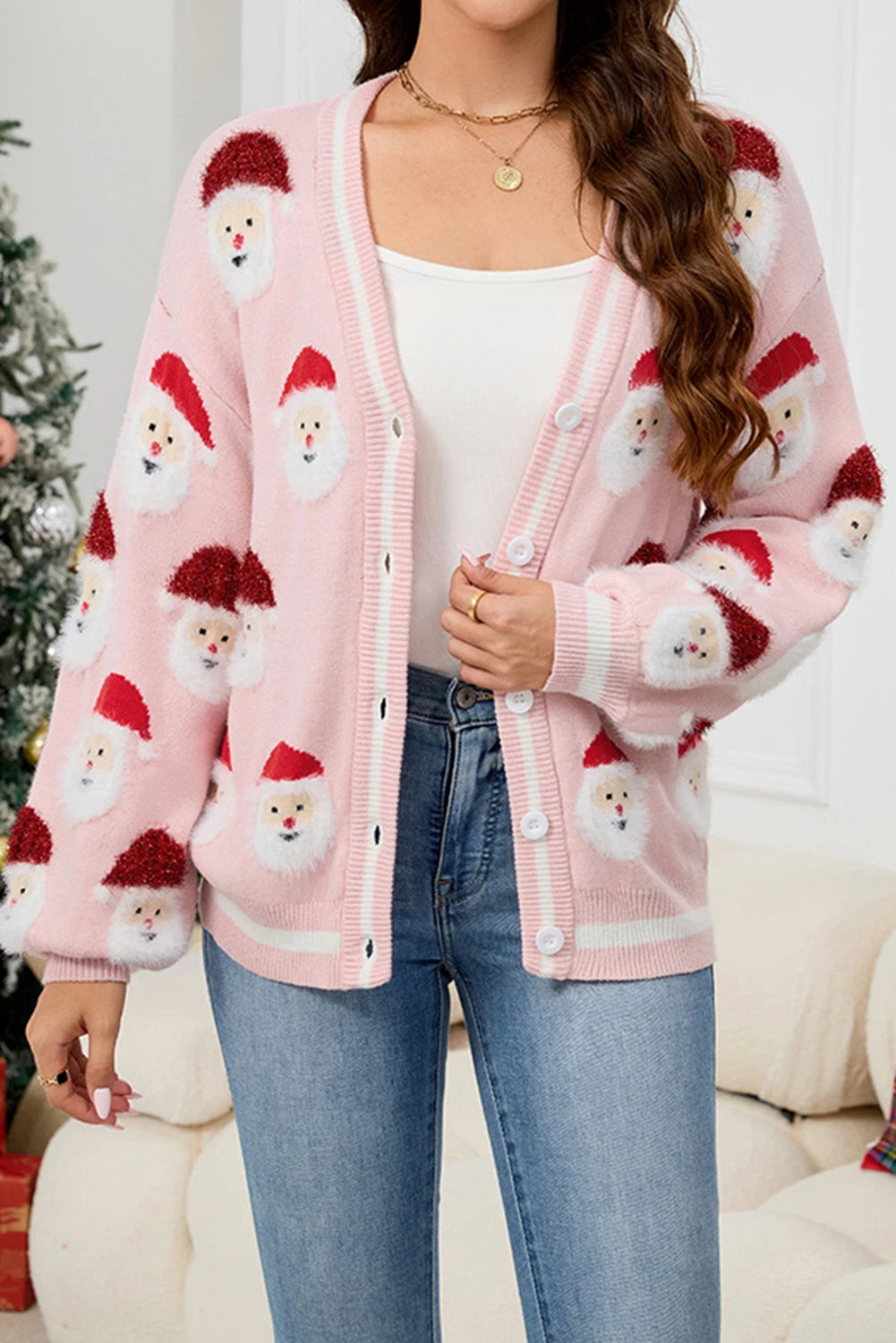 Christmas Santa Claus Pattern Button V Neck Sweater Cardigan