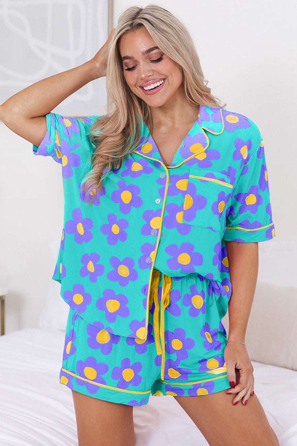 Loose and comfortable Flower Print Short Sleeve Shirt Pajamas Set