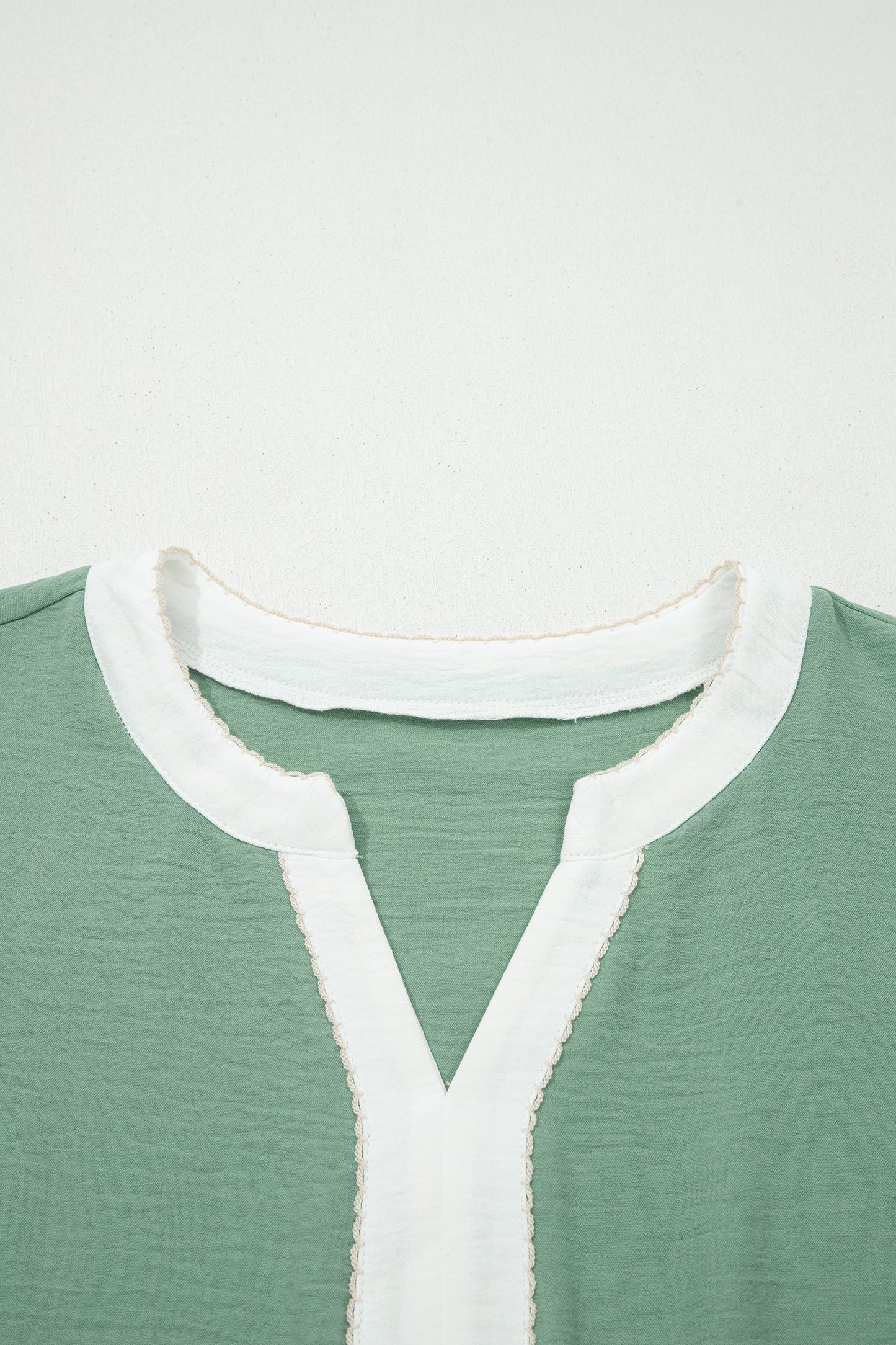 Smoke Green Color Block Patchwork V Neck Embroidered Puff Sleeve Babydoll Blouse