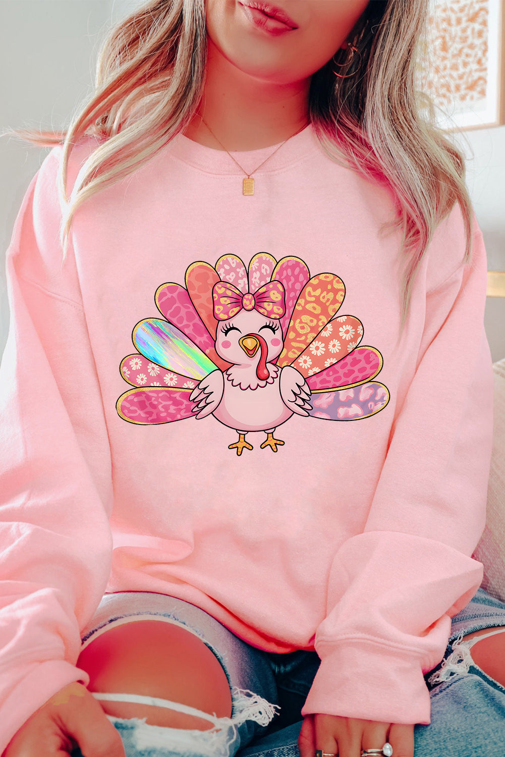 Pink Cute Thanksgiving Turkey Printed Drop Shoulder Sweatshirt