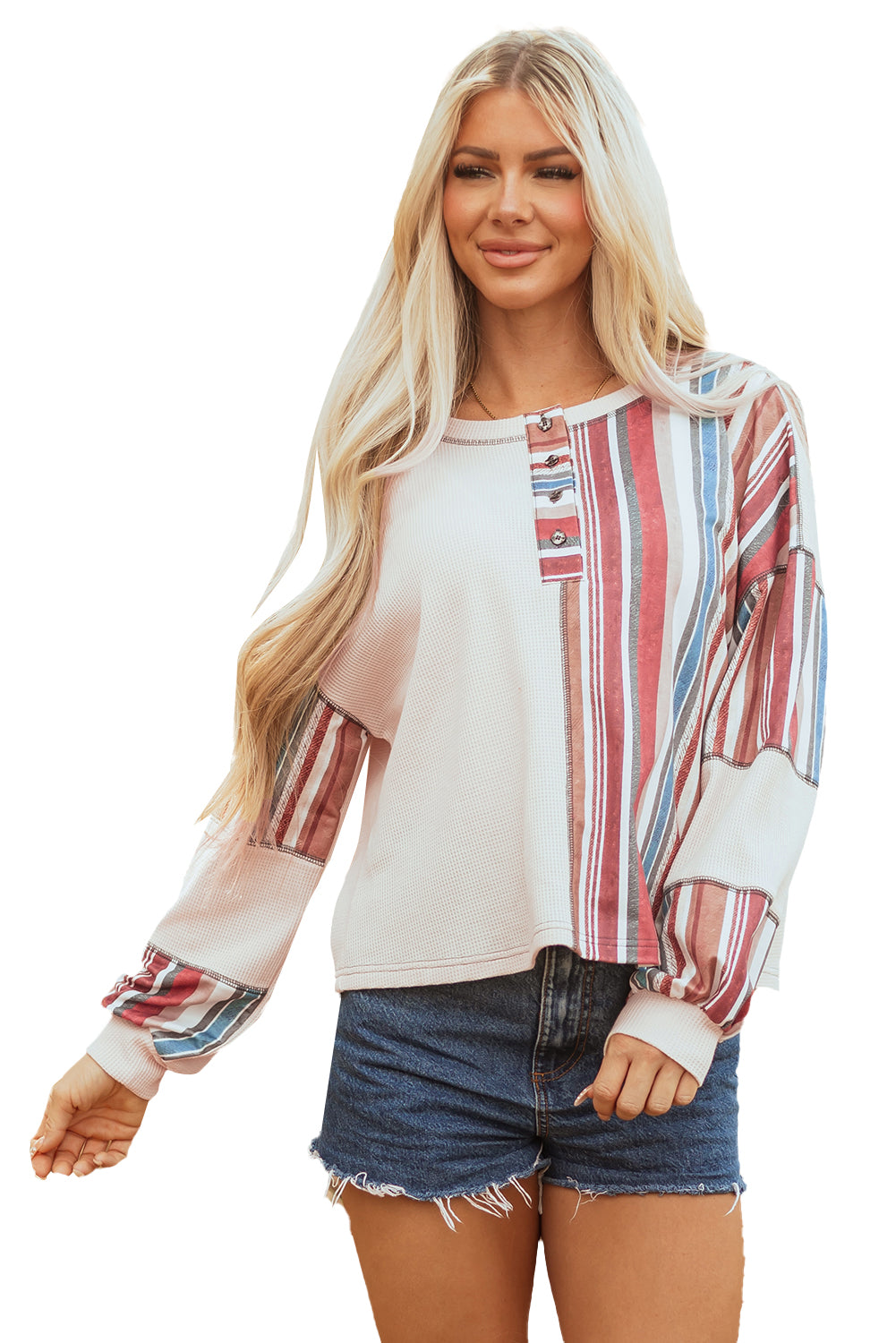 Beige Striped Waffle Patchwork Exposed Seam Raw Edge Casual Knit Top