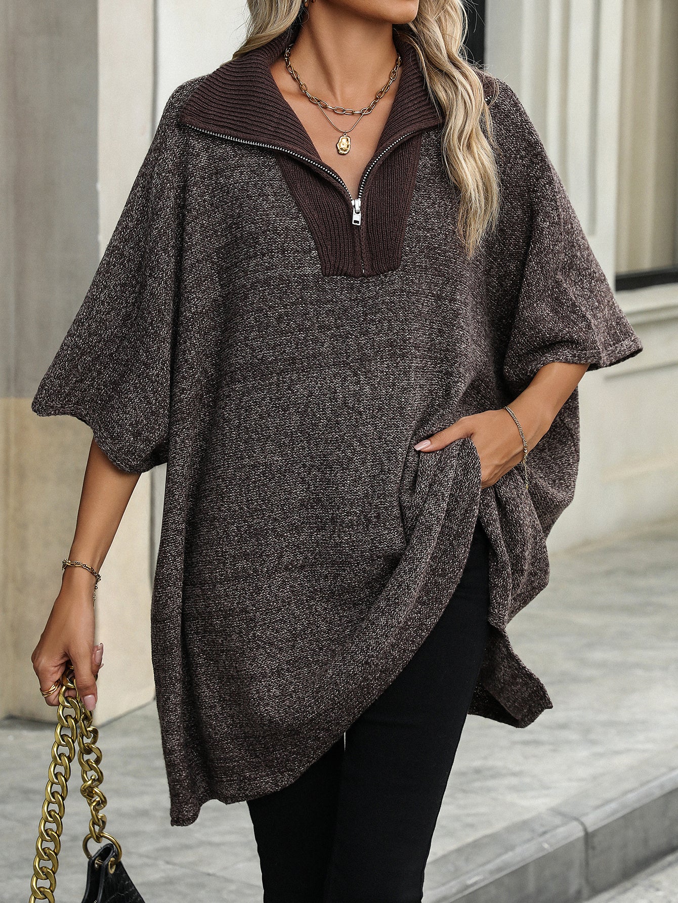 Medium and Long Knitted Sweater Long-sleeved Zipper Lapel Sweater