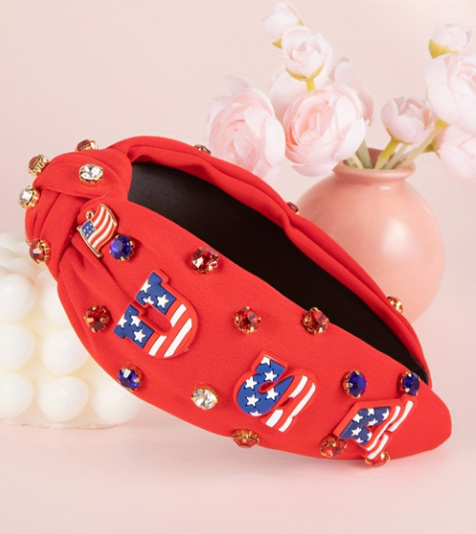 Dark Blue USA Flag Gemstone Decor Knotted Wide Headband