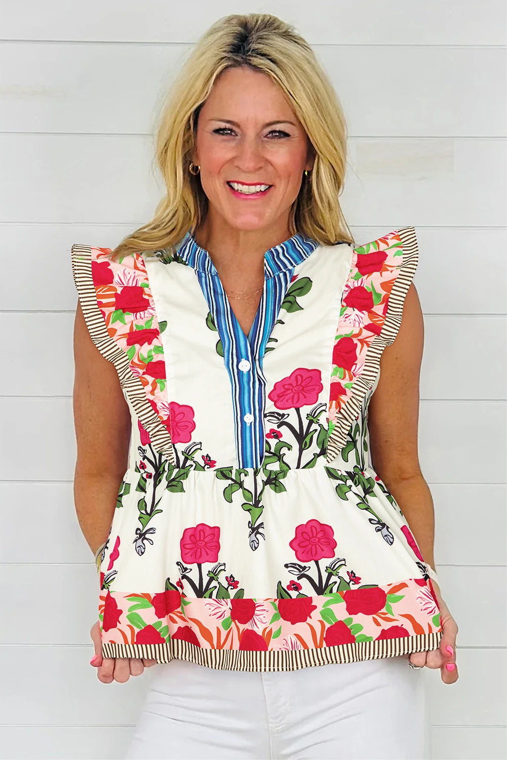 Pink Floral Print Tie Neck Striped Detail Flutter Sleeve Blouse