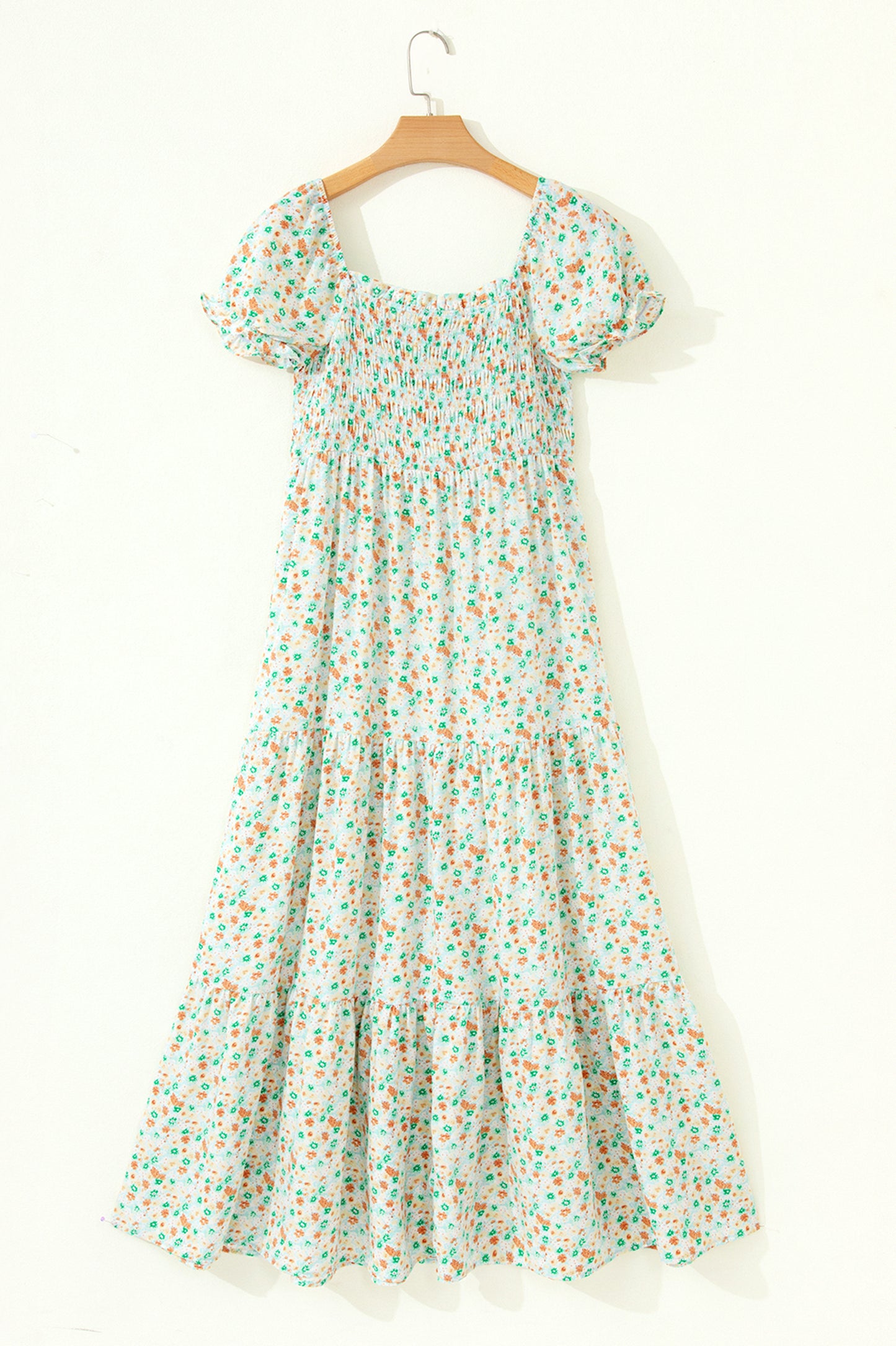 Green Floral Short Bubble Sleeve Shirred High Waist Maxi Dress