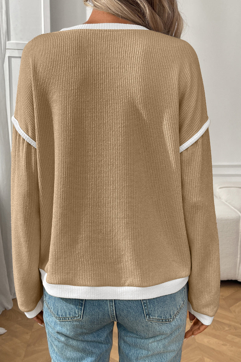 Colorblock Crewneck Knit Look Long Sleeve Pullover Top