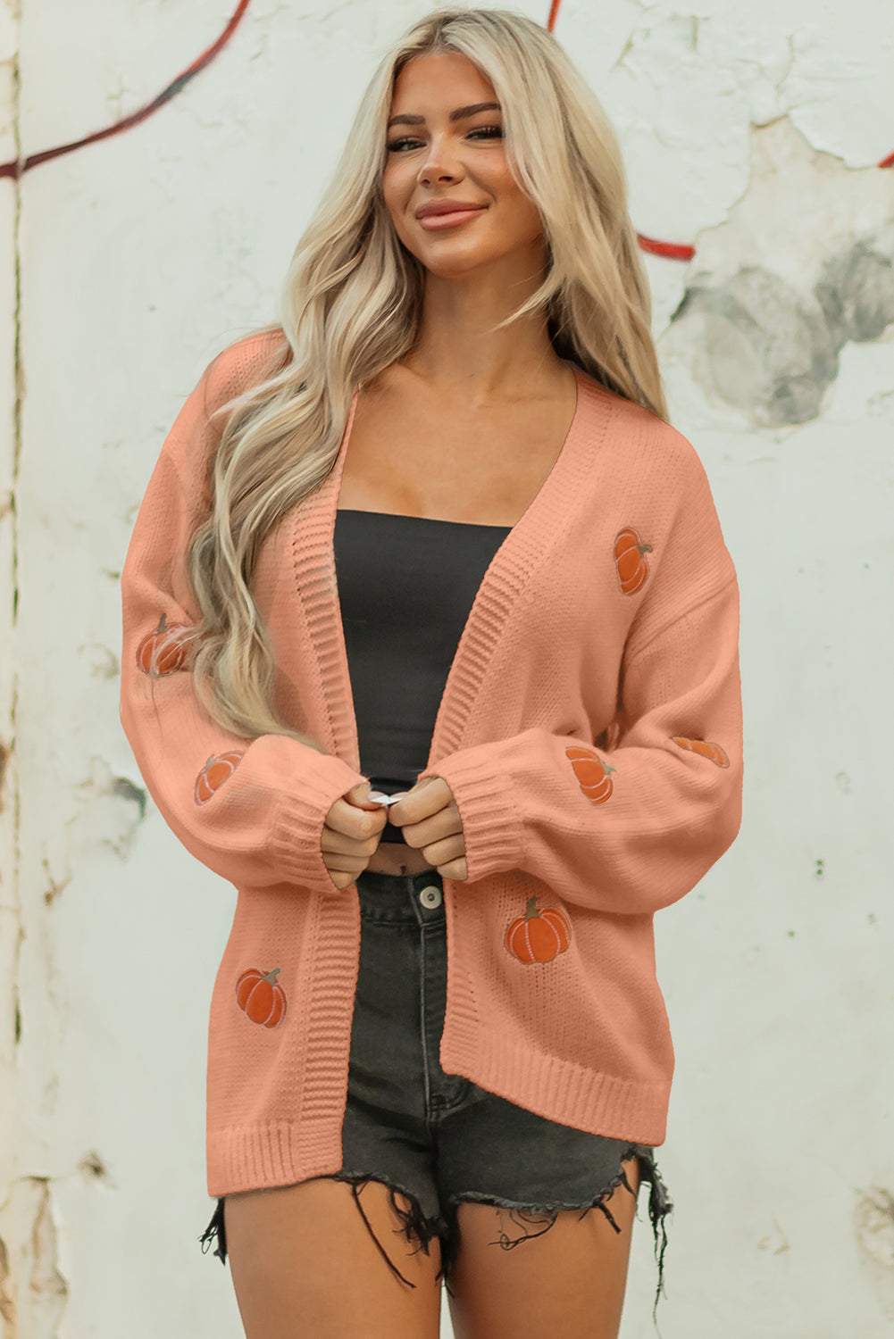 White Pumpkin Print Open Front Drop Shoulder Midi Cardigan