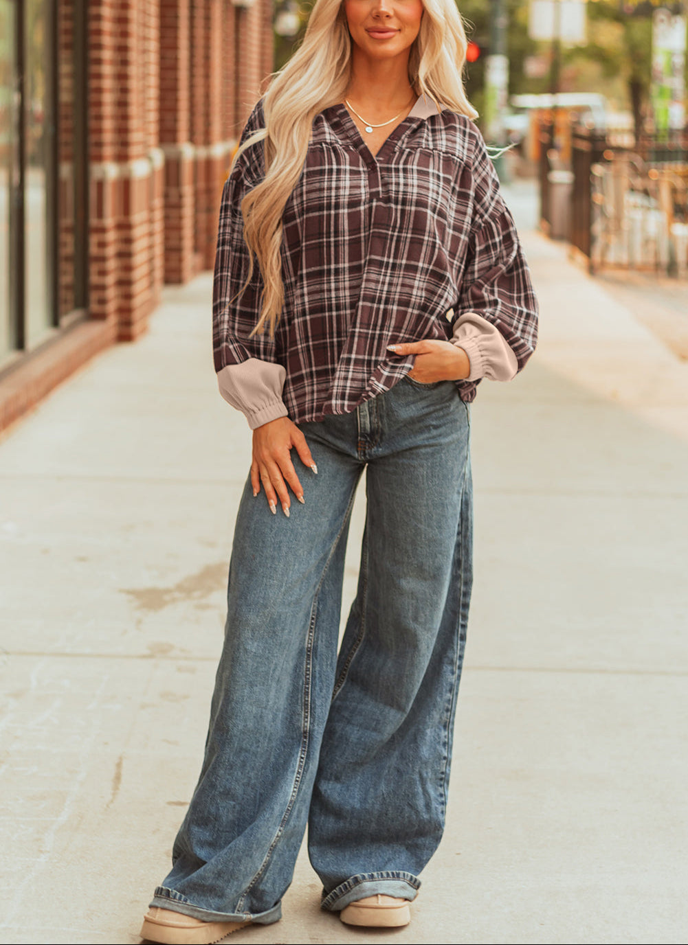 Brown Plaid Patchwork Long Sleeve Button Hooded Blouse