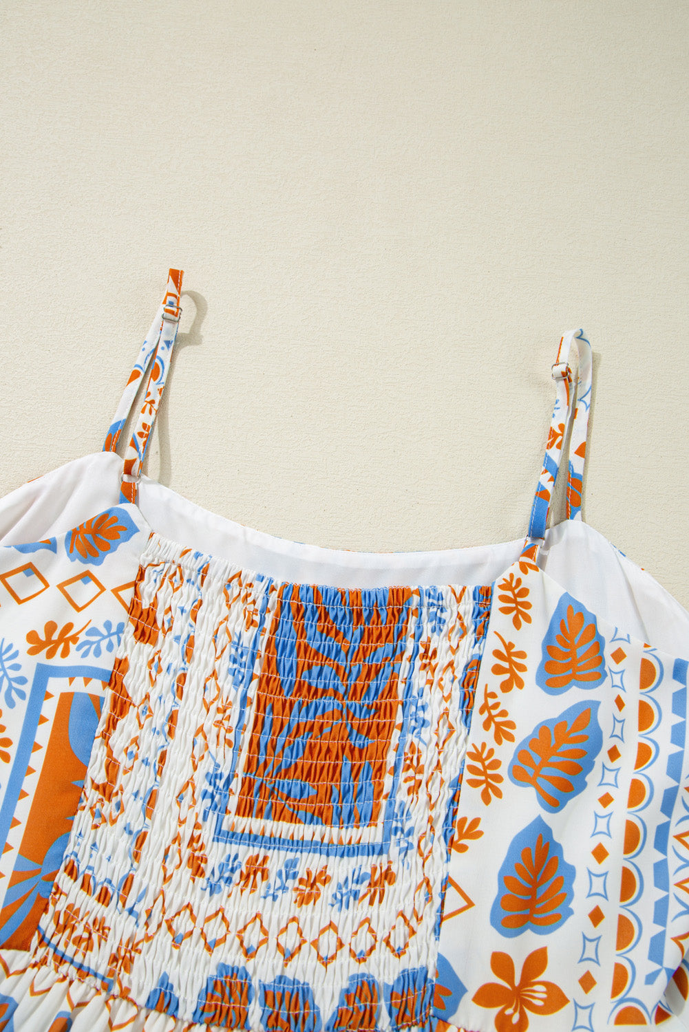 Orange Multi Printed Ricrac Trim Spaghetti Straps Maxi Dress