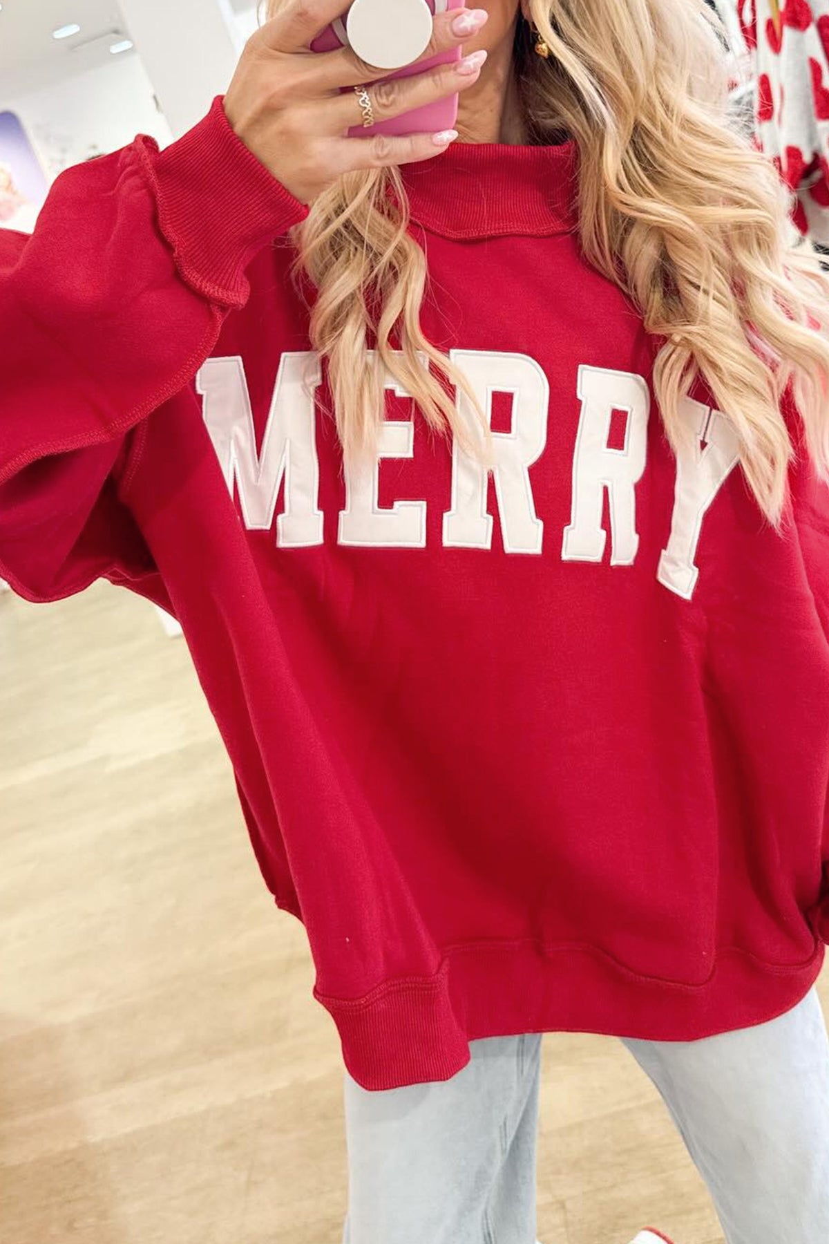 Gray MERRY Embroidered Letter High Neck Tunic Pullover Sweatshirt