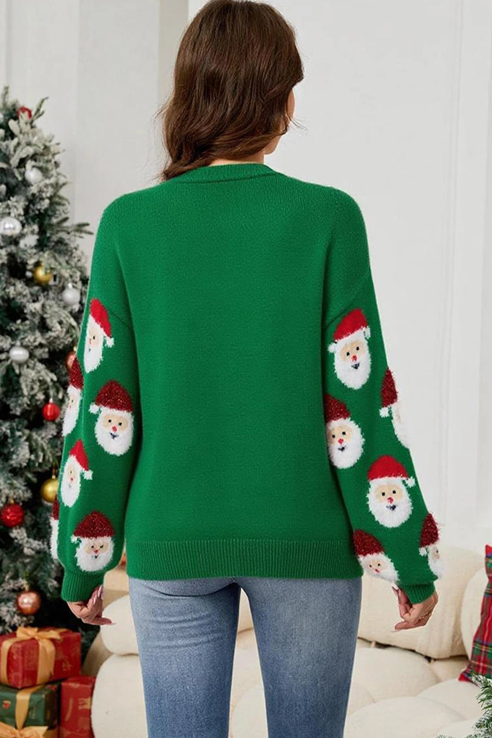 Christmas Santa Claus Pattern Button V Neck Sweater Cardigan