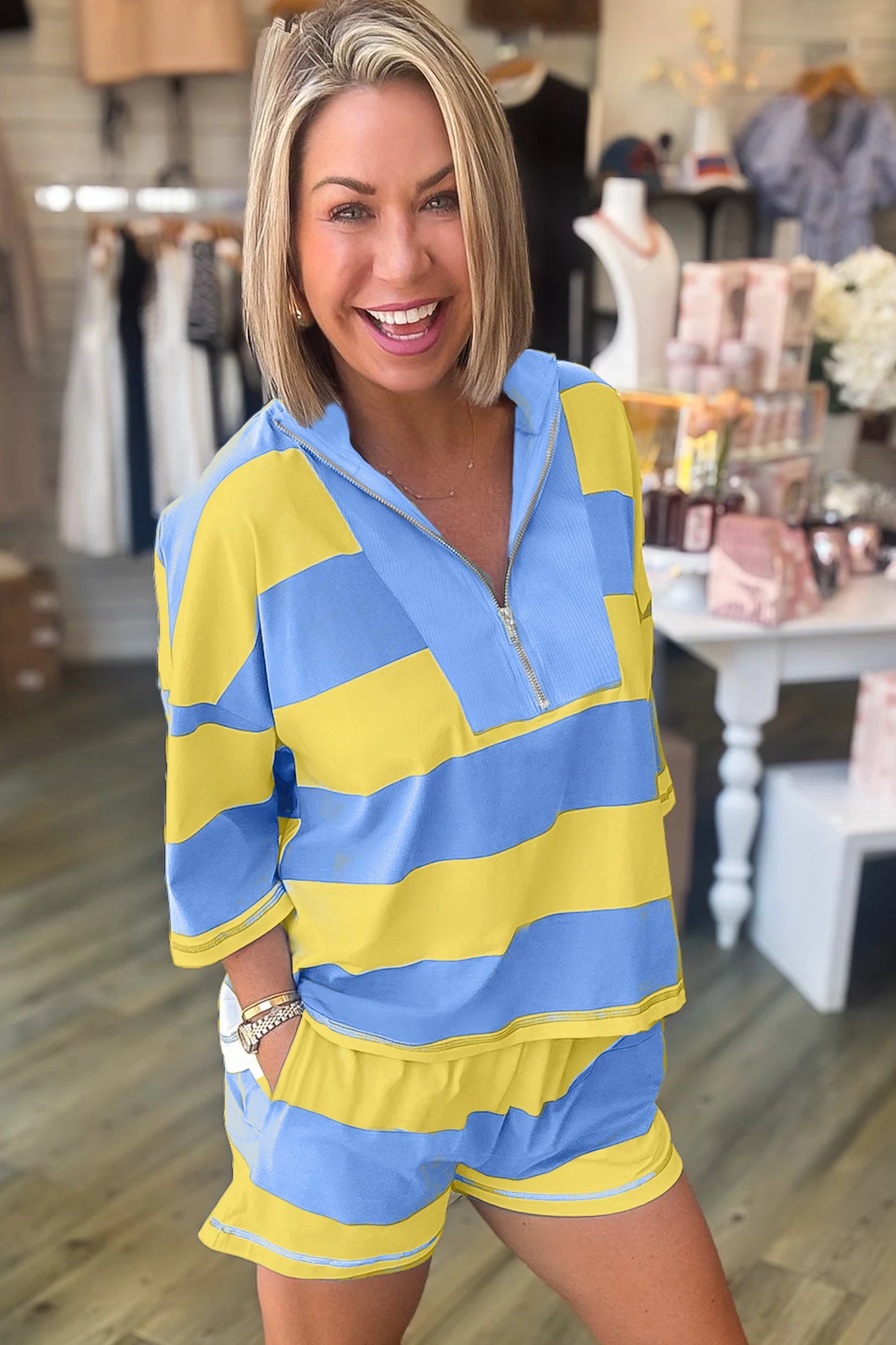 Sky Blue Stripe Seam Detail Half Zip Oversize Tee Casual Shorts 2pcs Set