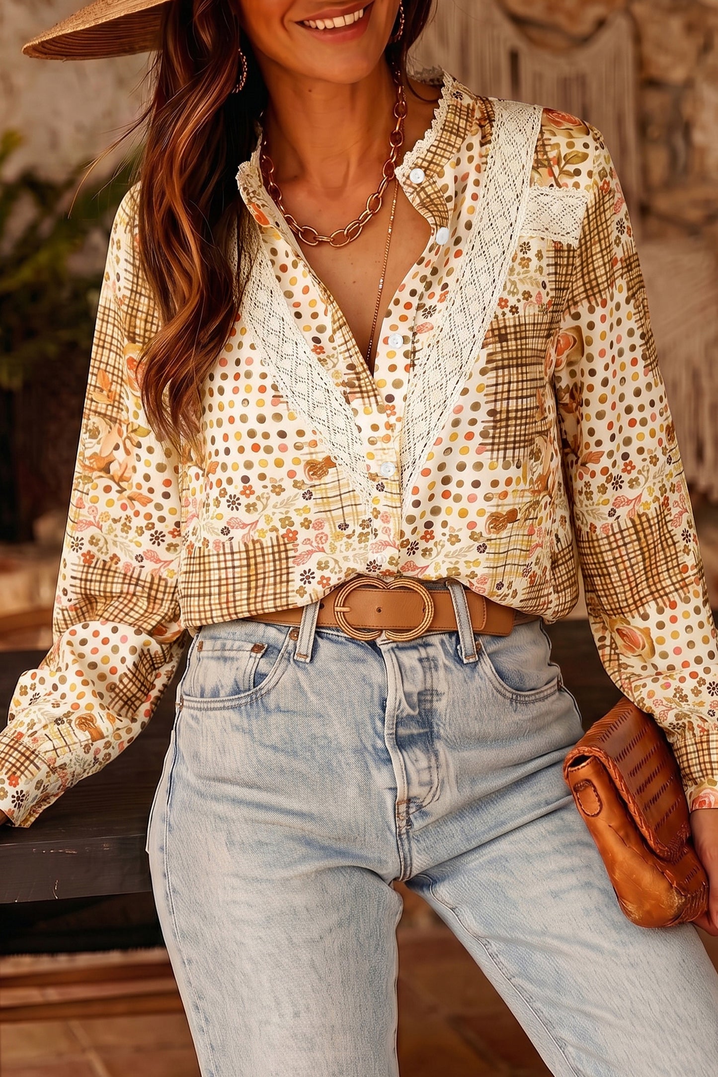 Brown Floral Lace Trim Button Down Long Sleeve Shirt