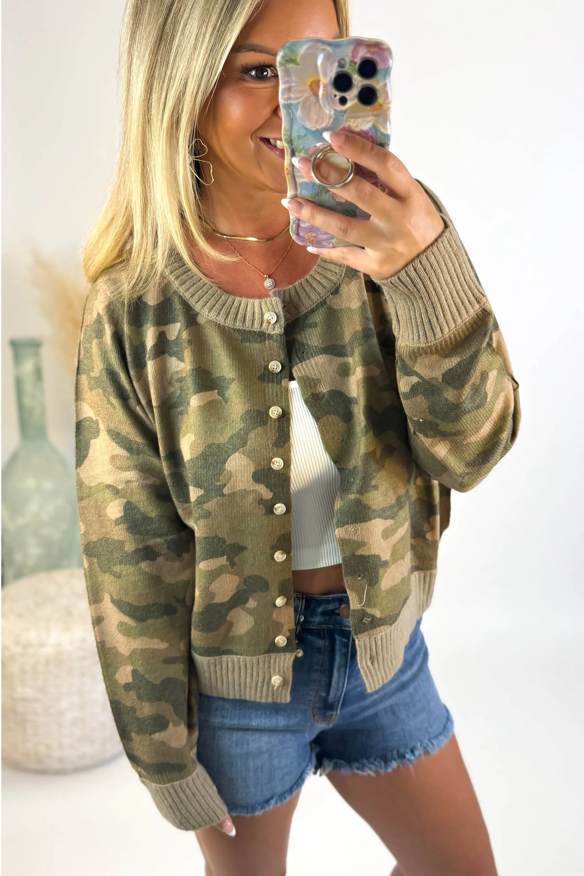 Green Camouflage Knit Ribbed Trim Round Neck Button Sweater Cardigan
