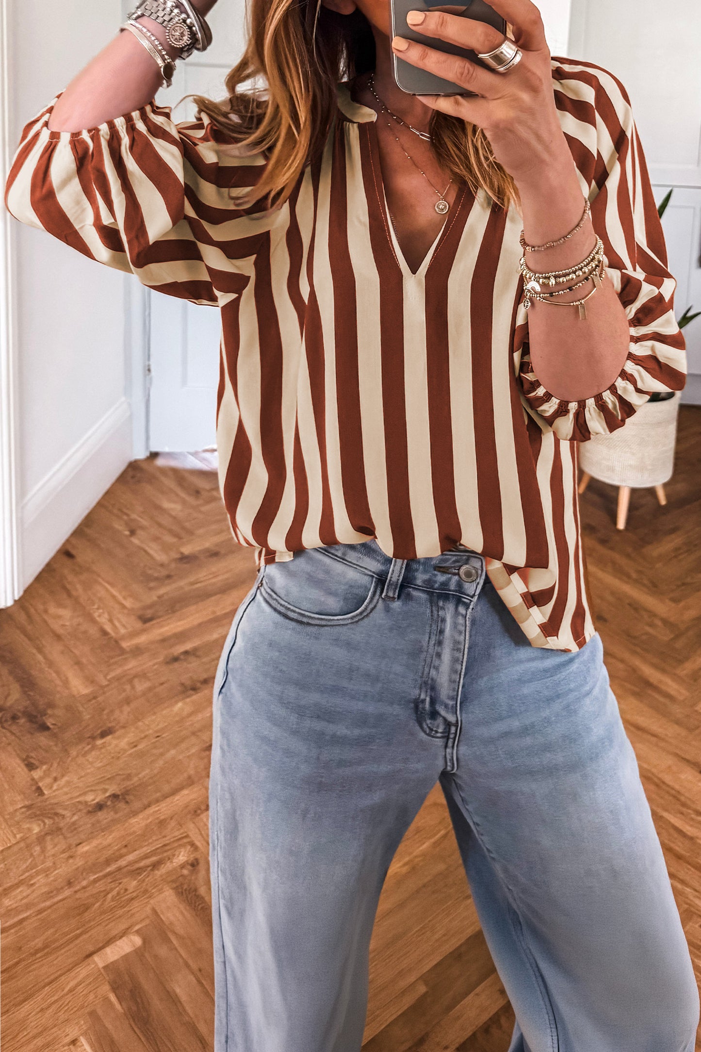 Brown Stripe V Neck Half Sleeve Casual Blouse