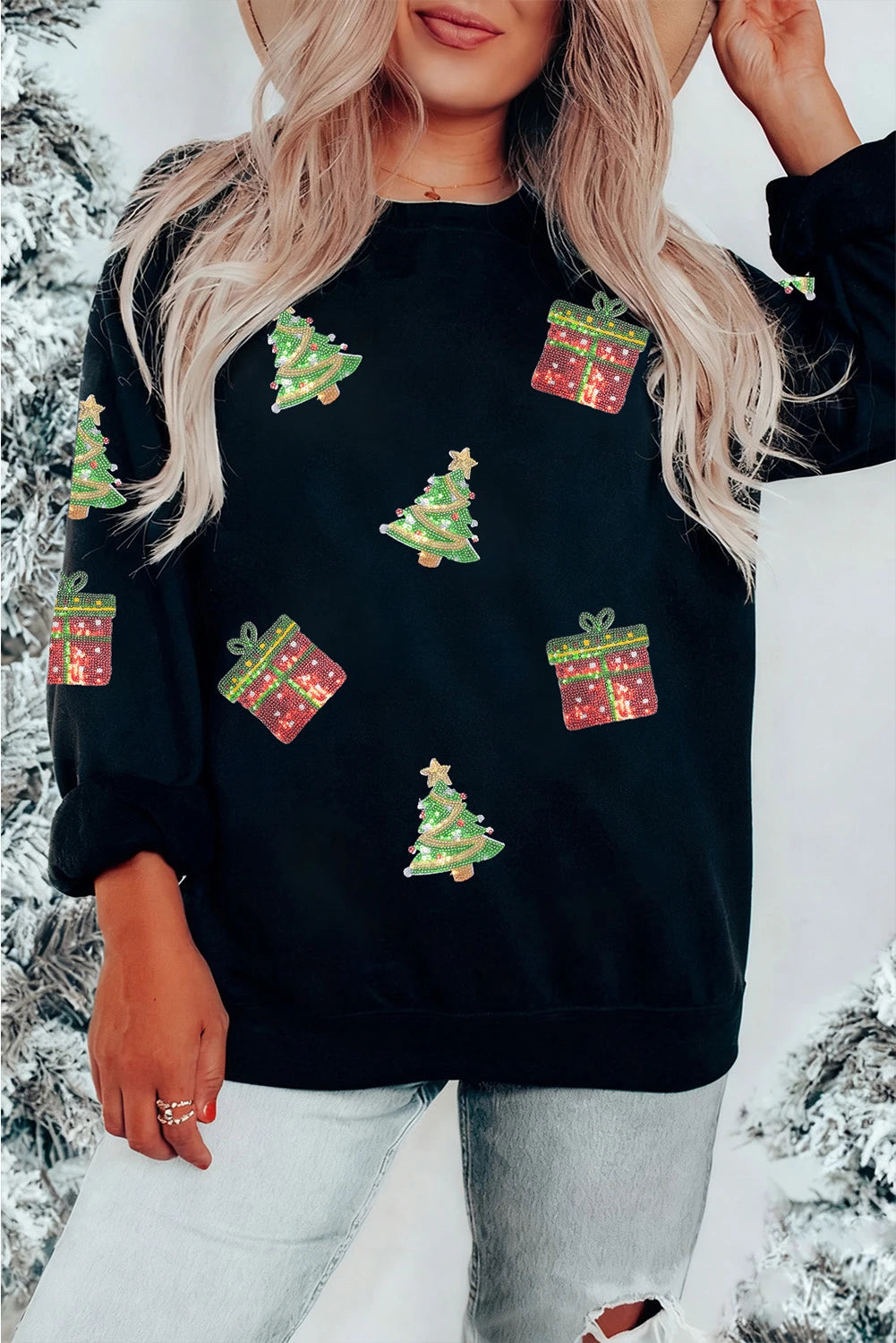 Black Sequin Christmas Trees Gifts Patched Drop Shoulder Sweatshirt