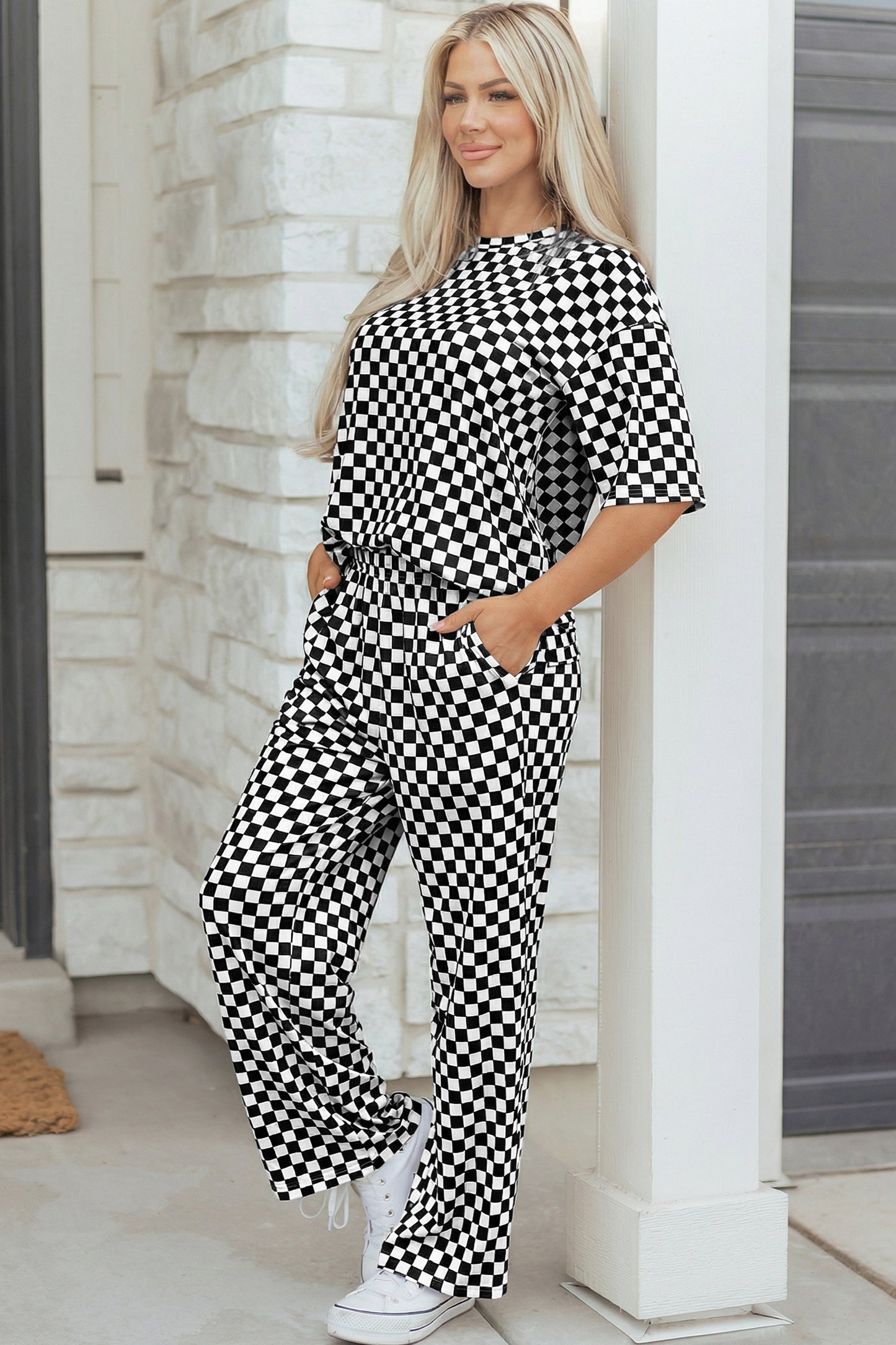 Khaki Checkered Print Half Sleeve Tee 2pcs Lounge Pant Set