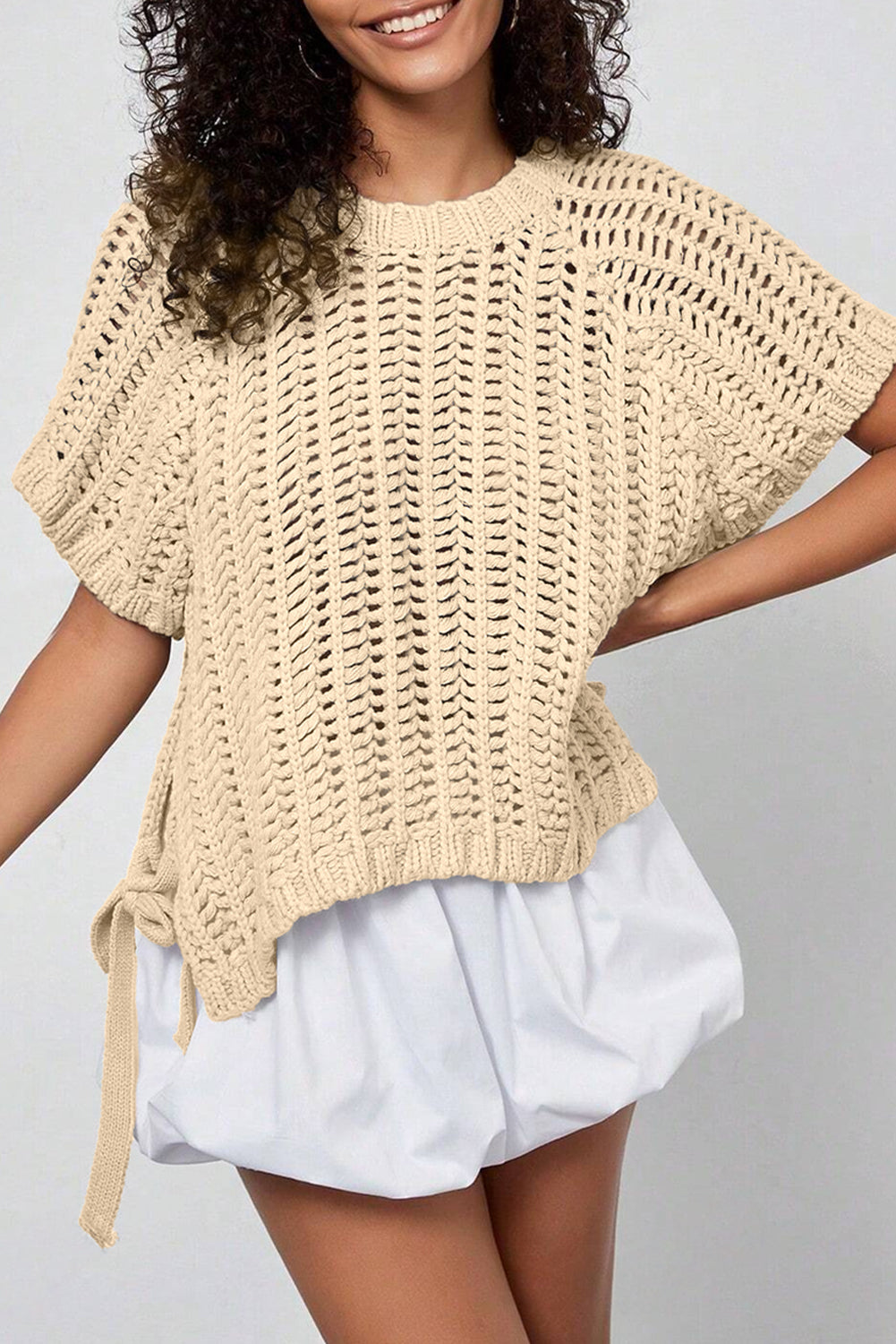 Apricot Plus Size Open Knit Bow Tie Short Sleeve Sweater