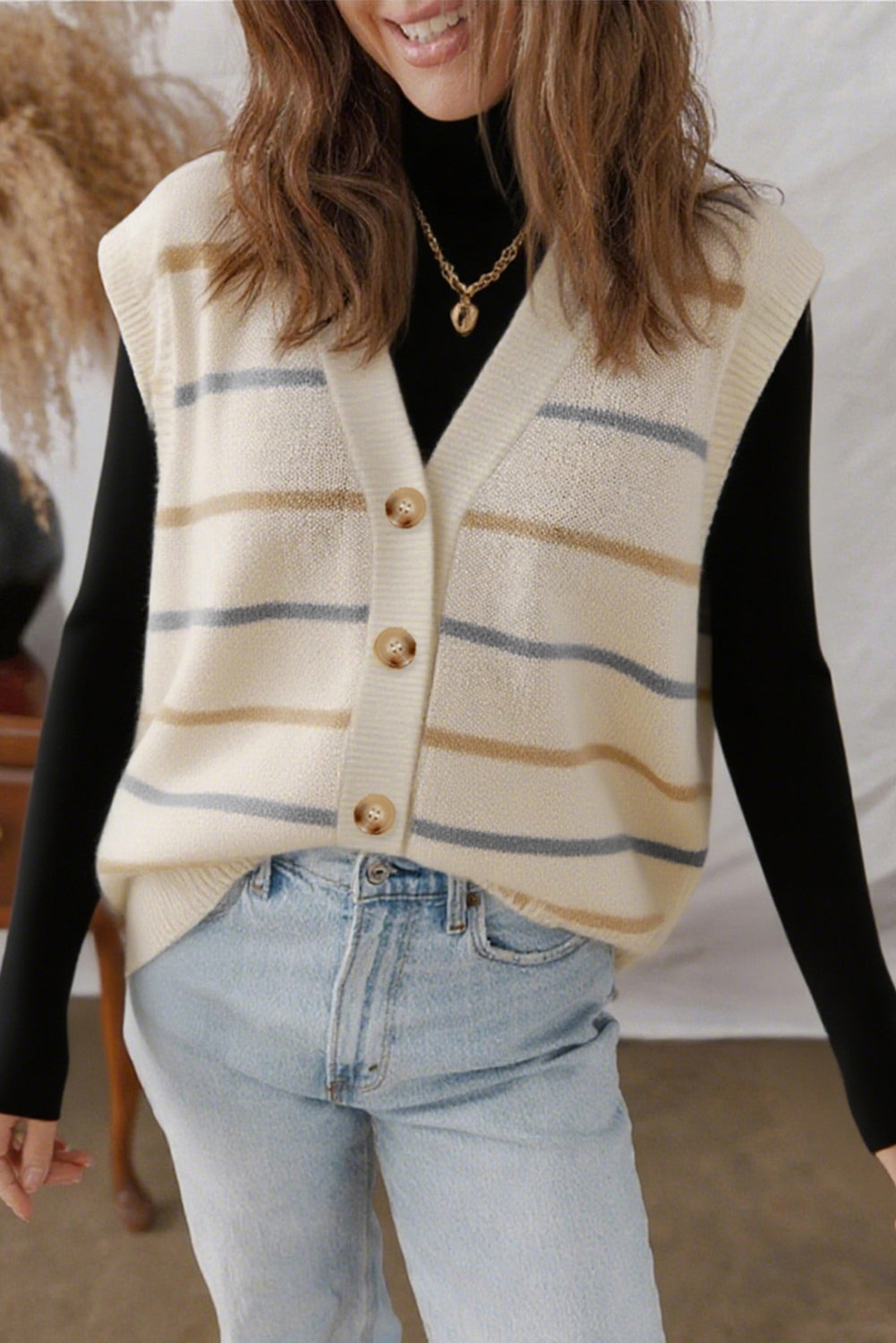 Multicolour Striped Print Button V Neck Sweater Vest