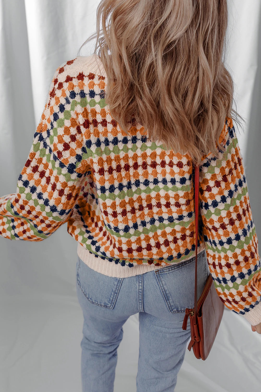Dotty Striped Pattern Knit Drop Shoulder Sweater