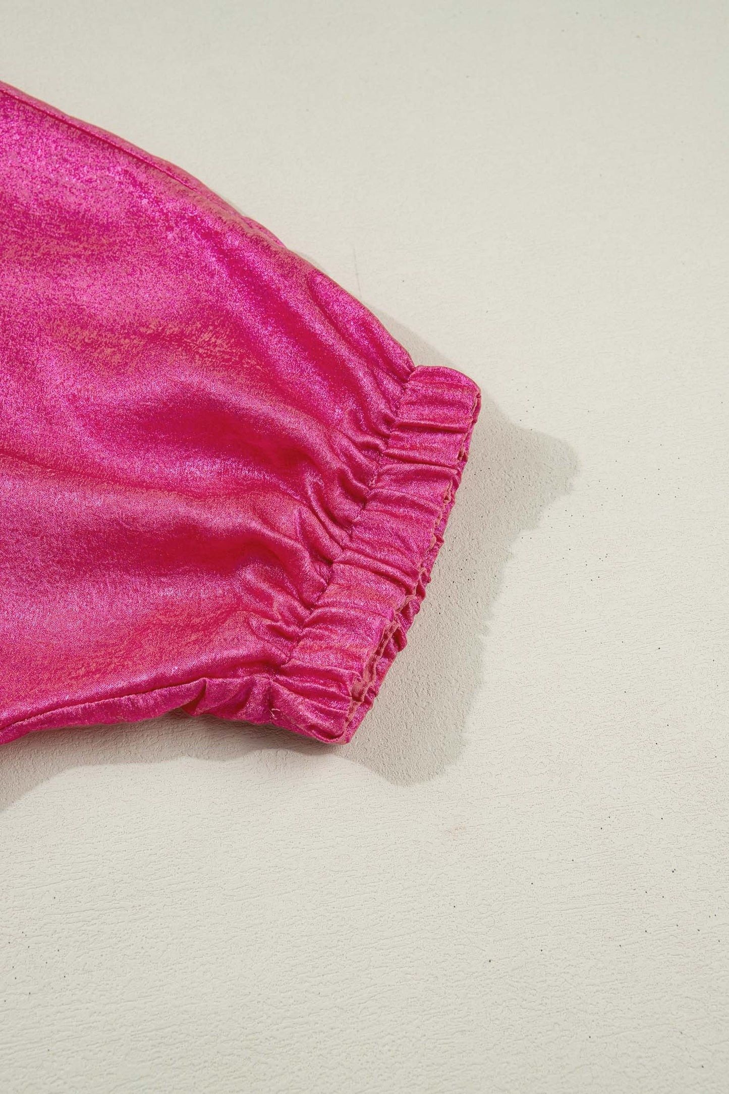 Strawberry Pink Collared V Neck Half Sleeve Metallic Top