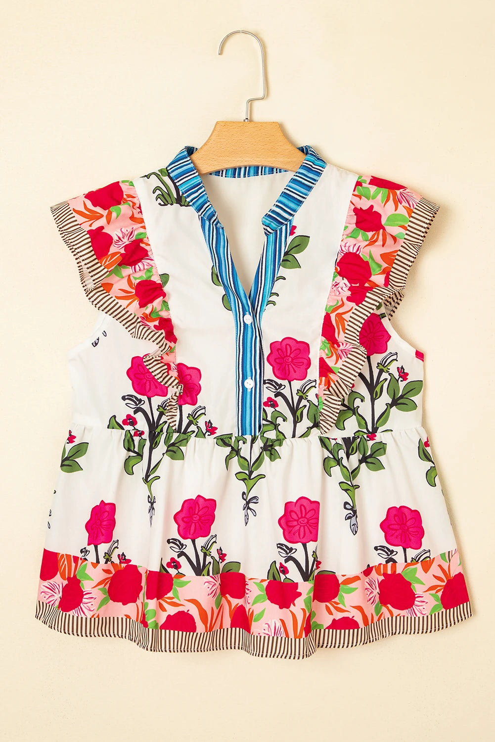 Pink Floral Print Tie Neck Striped Detail Flutter Sleeve Blouse