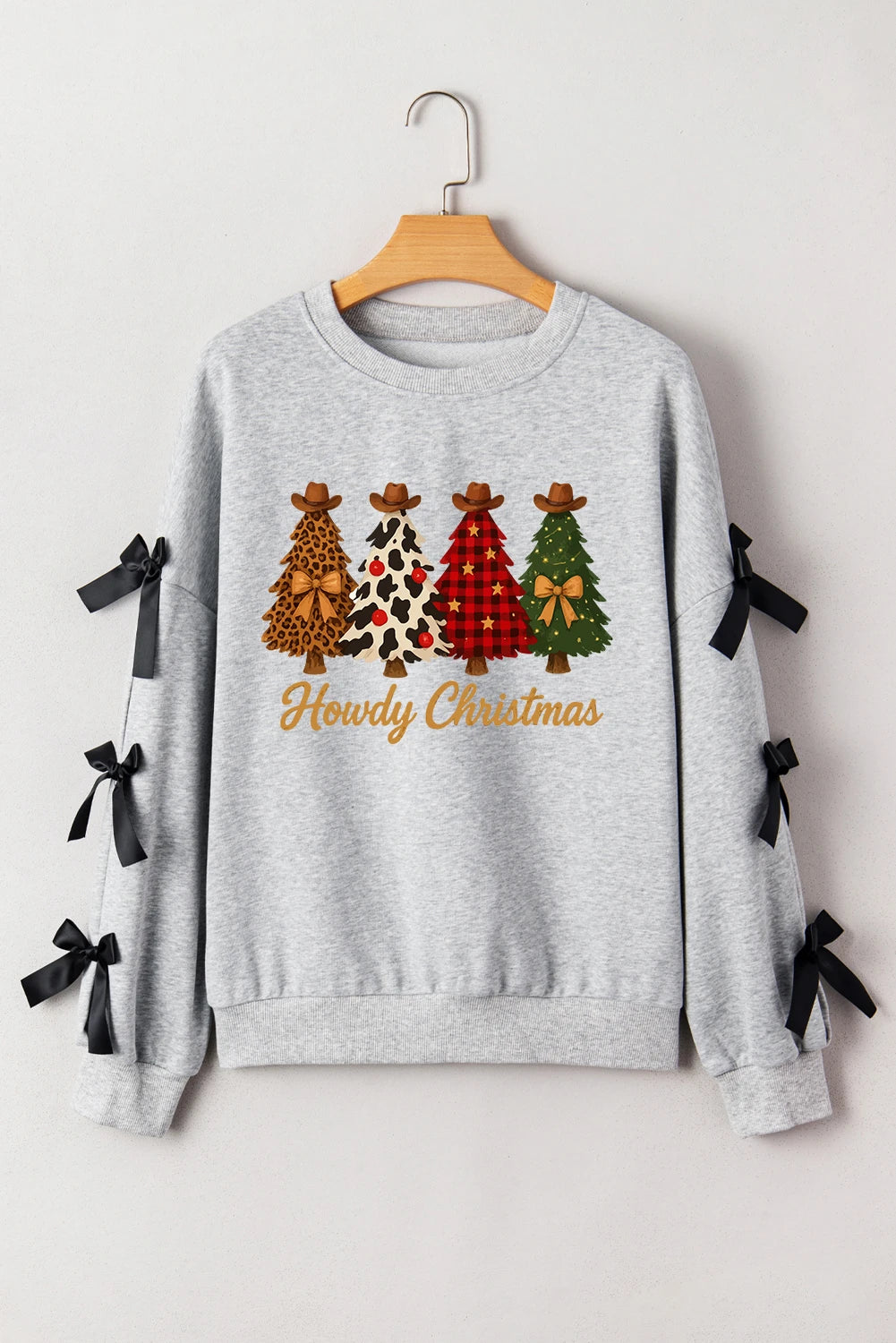Light Grey Howdy Christmas 4 Trees Printed Ribbon Bow Decor Sweatshirt