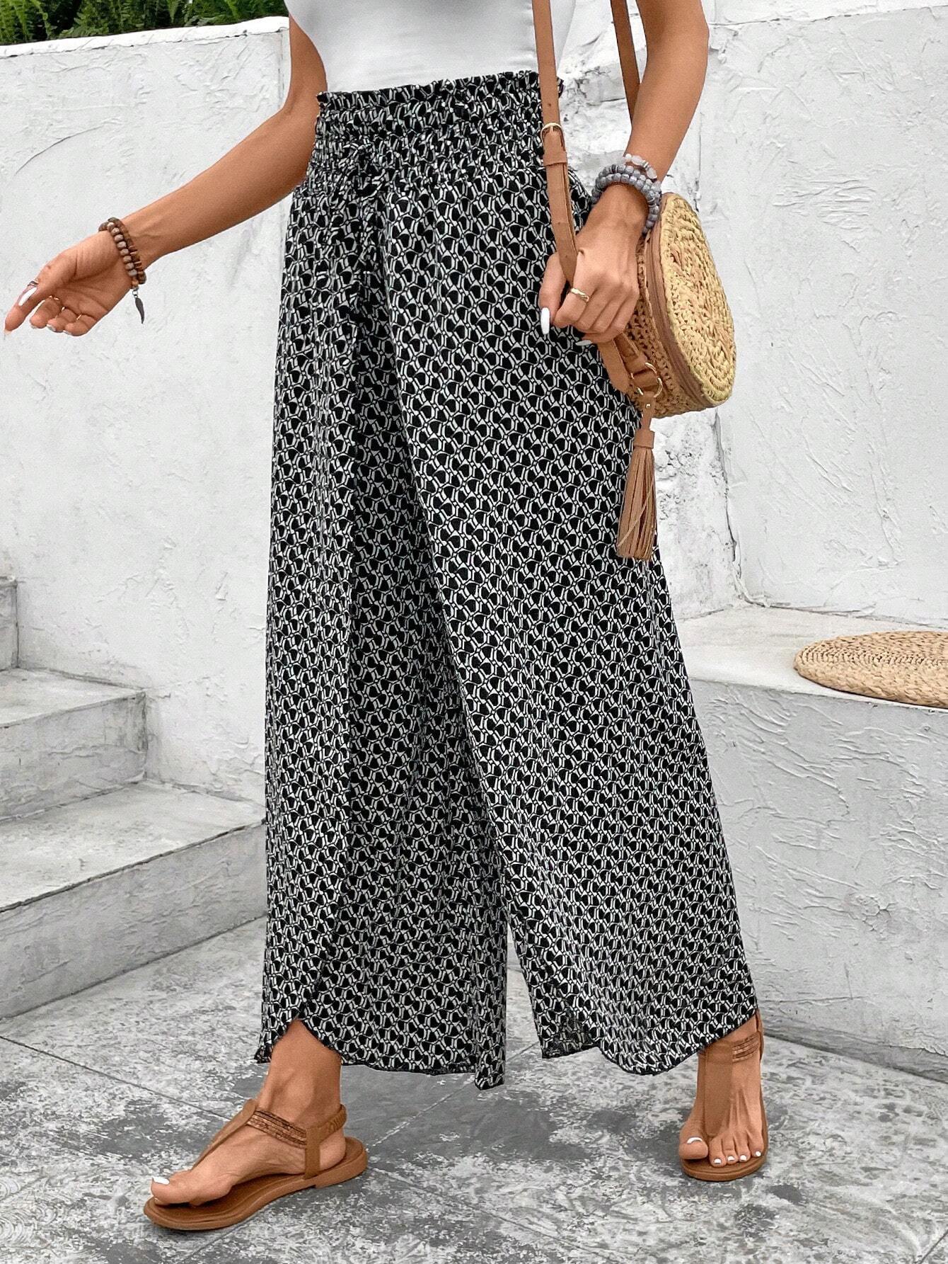 Bohemian Print Slit Wide Leg Smocked High Waist Pants