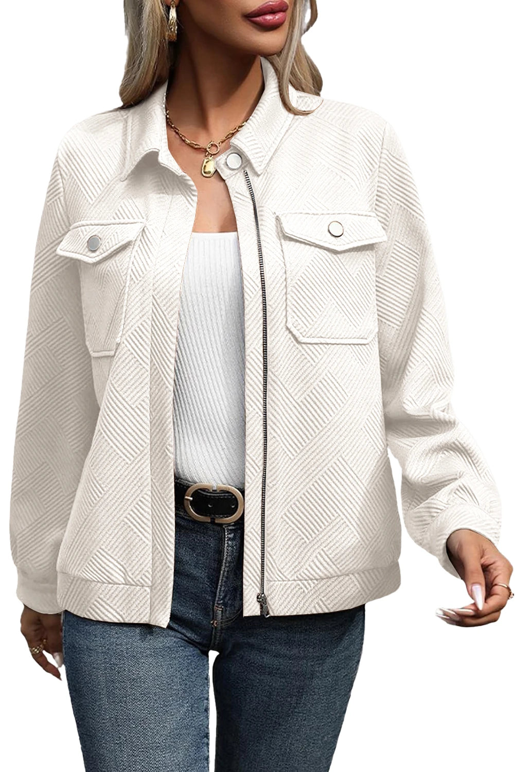 Blackish Green Solid Color Zip Up Button Flap Pocket Shirt Collar Jackets